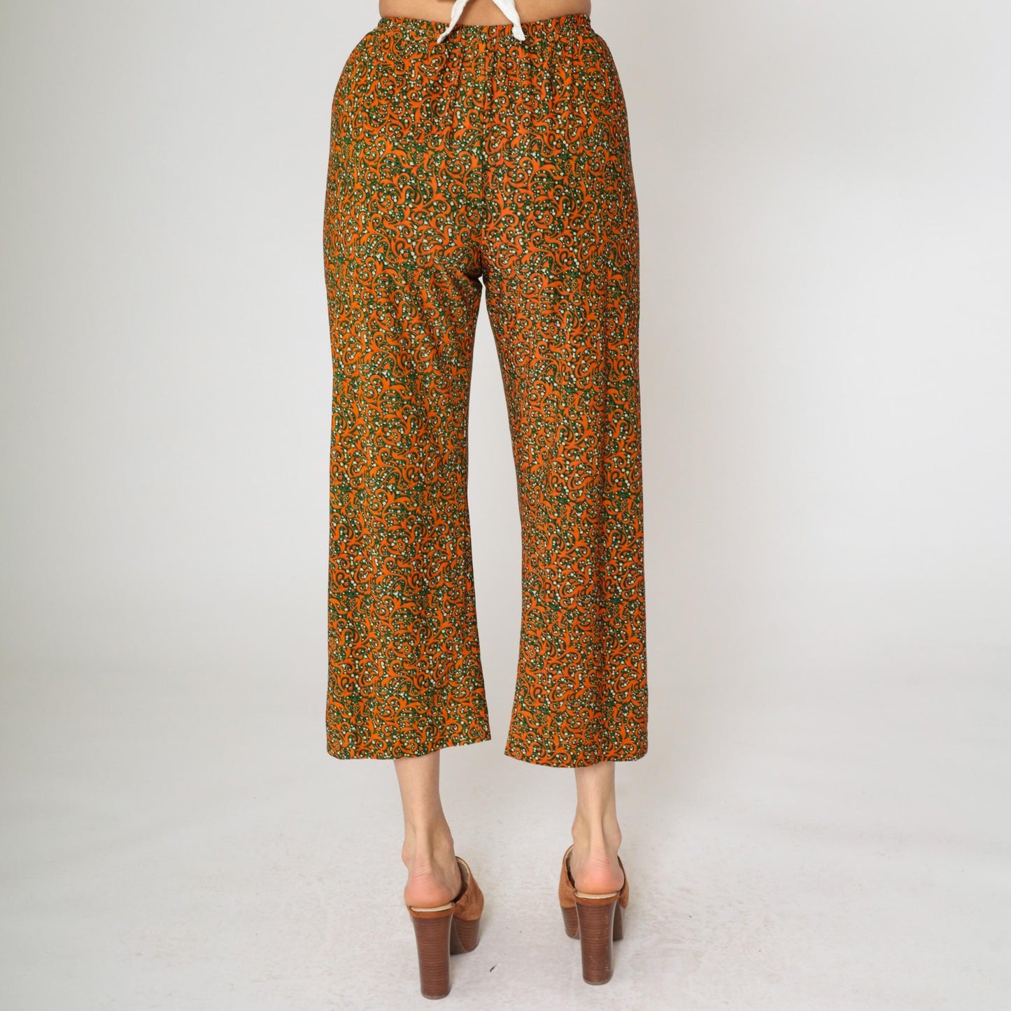 Y2K Orange Green Baroque Swirl Wide Leg Cropped Trousers Extra Small XS