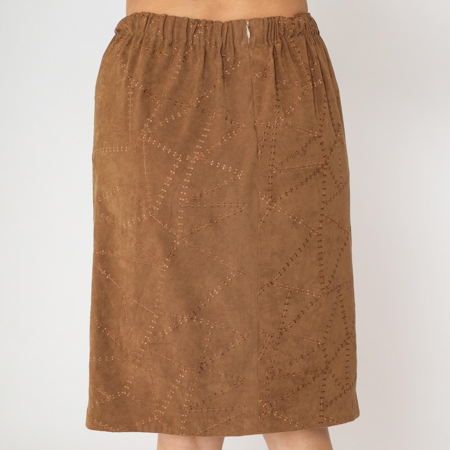 90s Brown Patchwork Faux Suede Pencil Skirt High Waist Small Medium