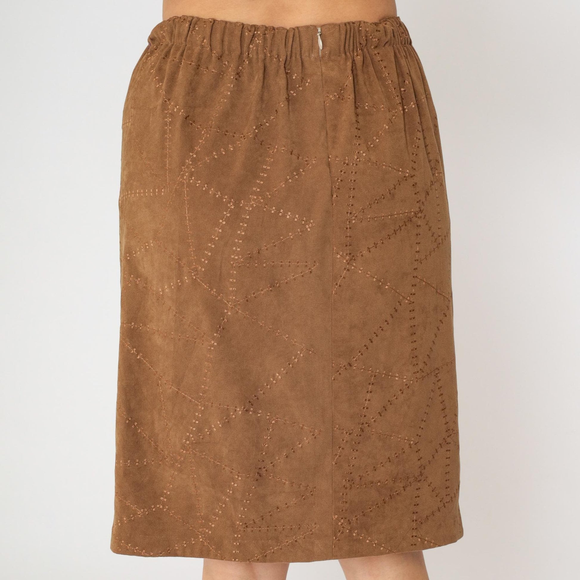 90s Brown Patchwork Faux Suede Pencil Skirt High Waist Small Medium