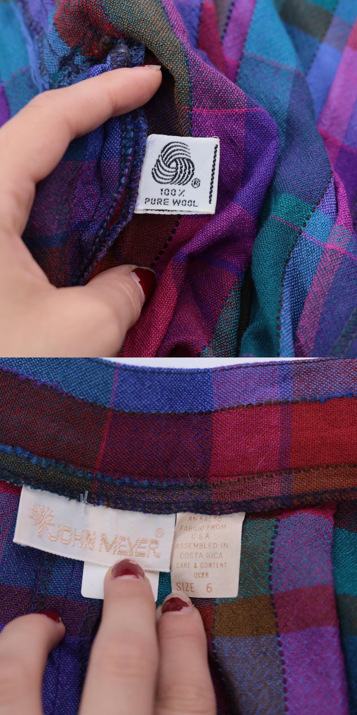 80s John Meyer Checkered Wool Midi Skirt High Waist Pleated Purple Blue Extra Small