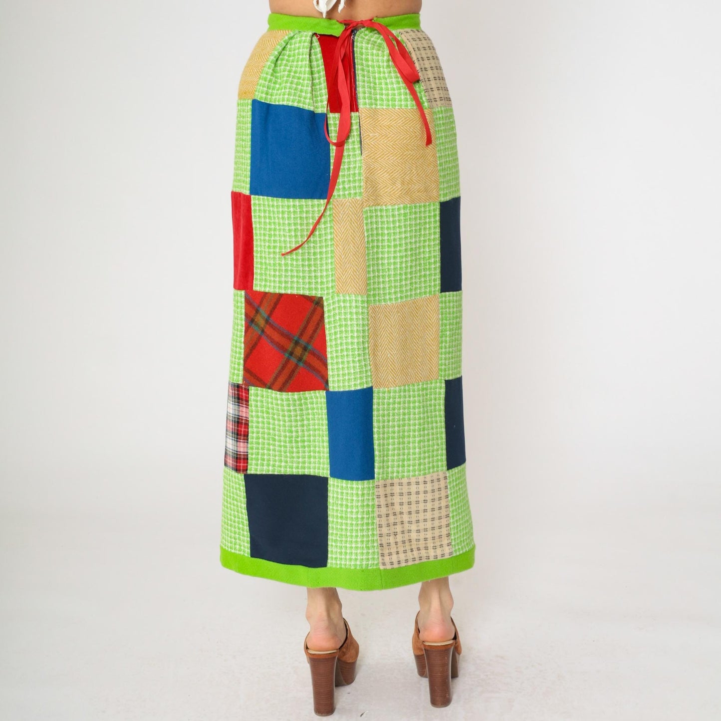 1970s Patchwork Plaid Maxi Skirt Lime Green Checkered Small