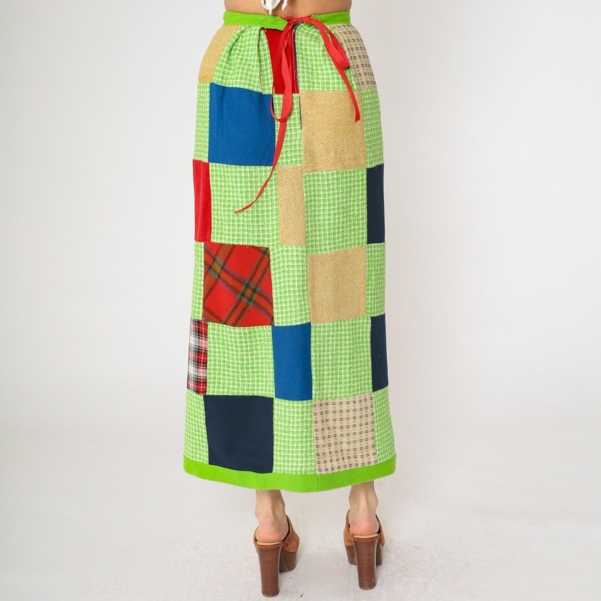 1970s Patchwork Plaid Maxi Skirt Lime Green Checkered Small