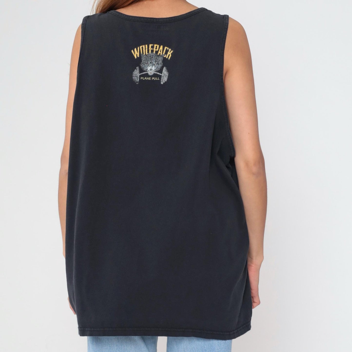 90s Wolfpack Plane Pull Wolf Graphic Tank Top Black Distressed XXL