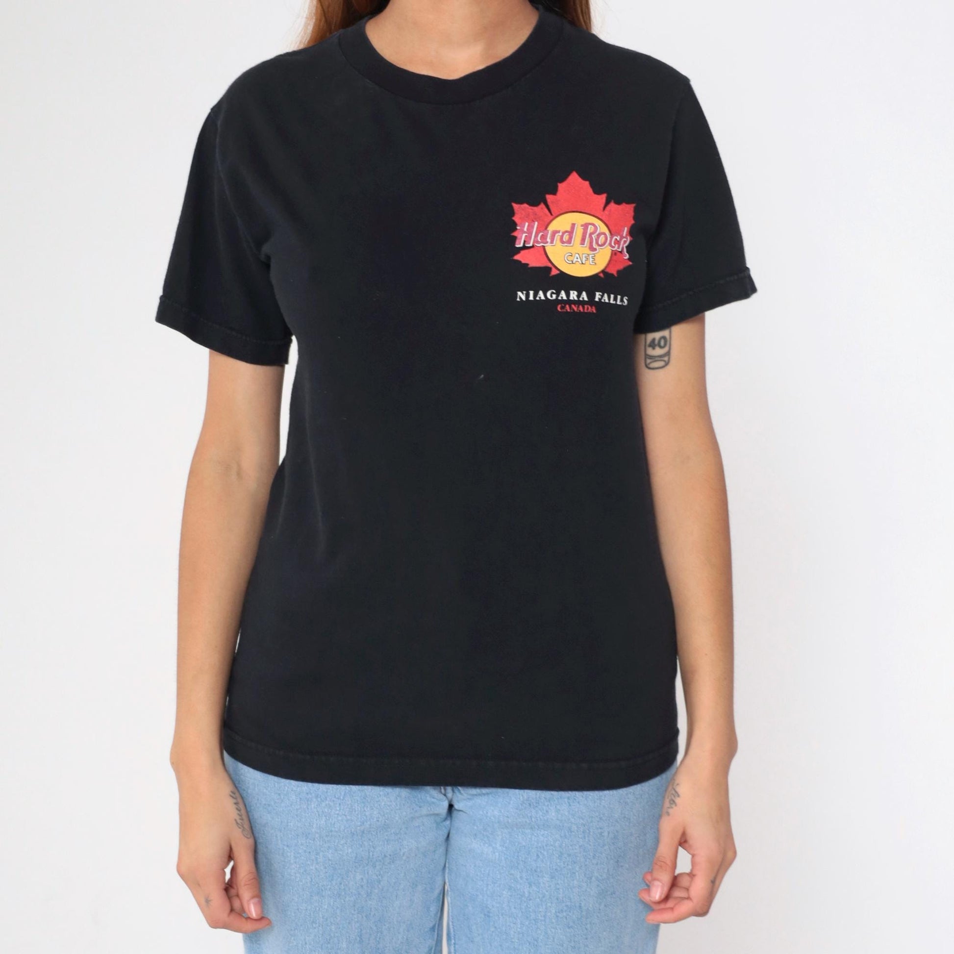 90s Hard Rock Cafe Niagara Falls Maple Leaf Graphic T-Shirt Black Small