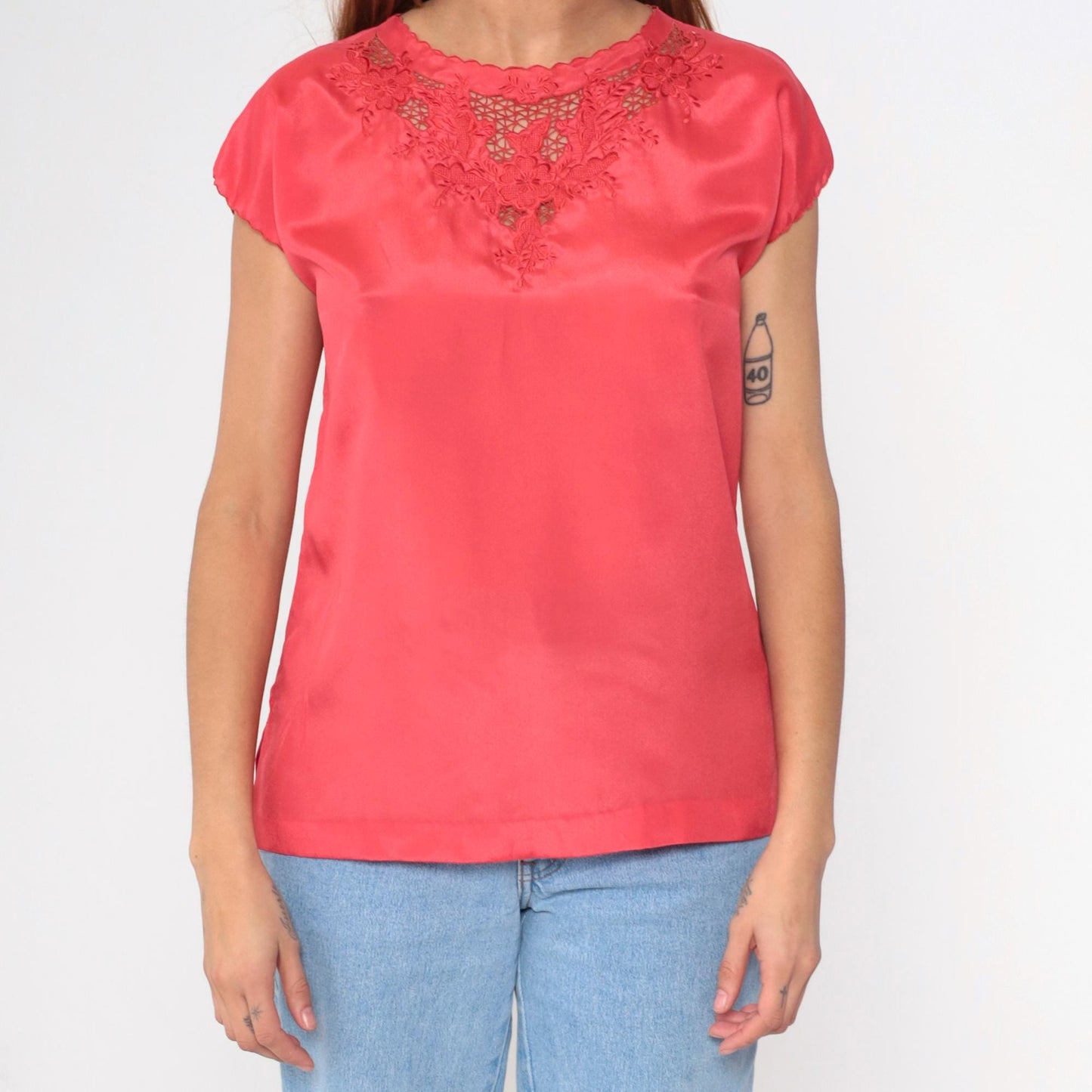 90s Coral Satin Blouse Floral Embroidered Cutwork Short Sleeve Medium