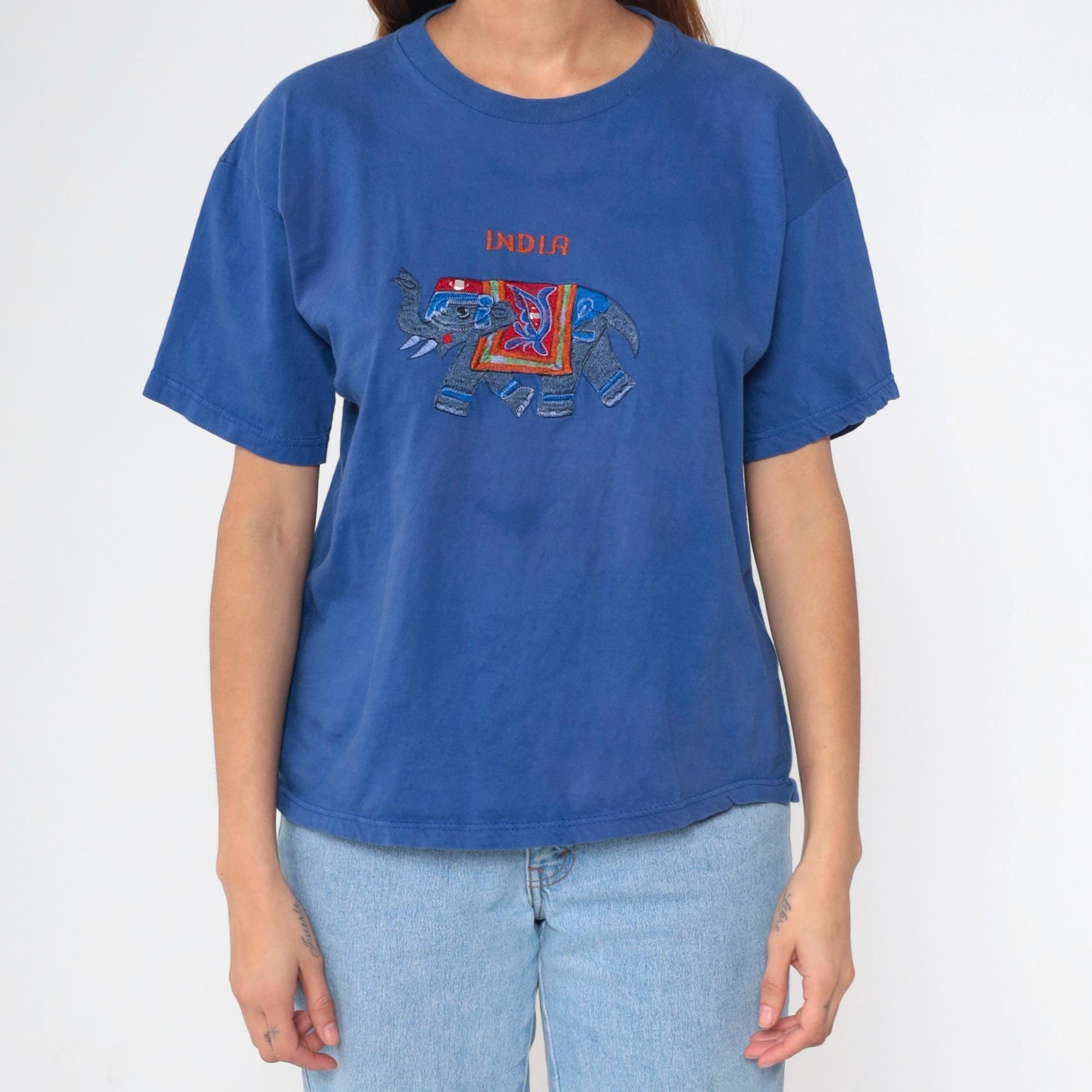 Y2K India Elephant Embroidered T-Shirt Blue Mirrored Graphic Tee Medium Large