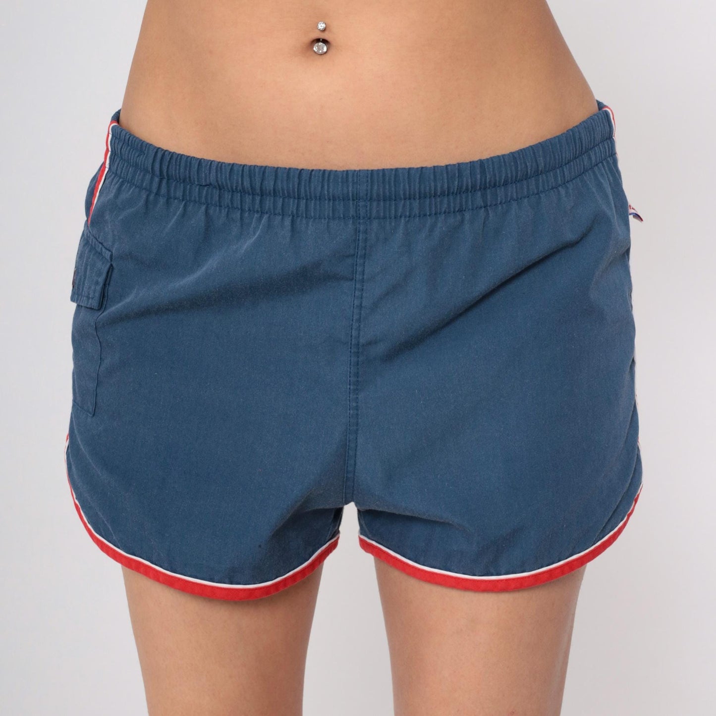 80s Catalina Swim Trunks Dark Blue Red Trim Drawstring Medium