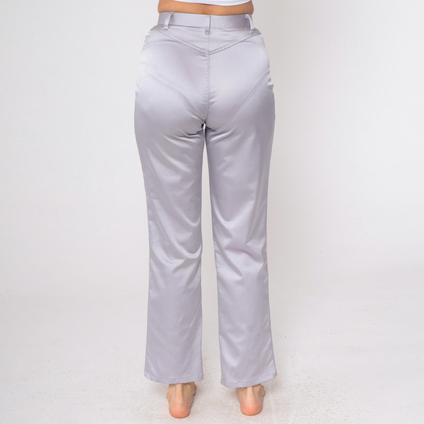 90s Forenza Silver Satin High-Waist Straight-Leg Trousers Small