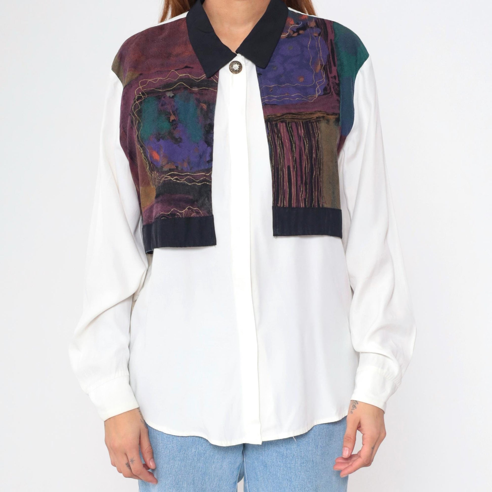 90s Trés Paquette Geometric Gold Metallic Button Up Blouse Large L