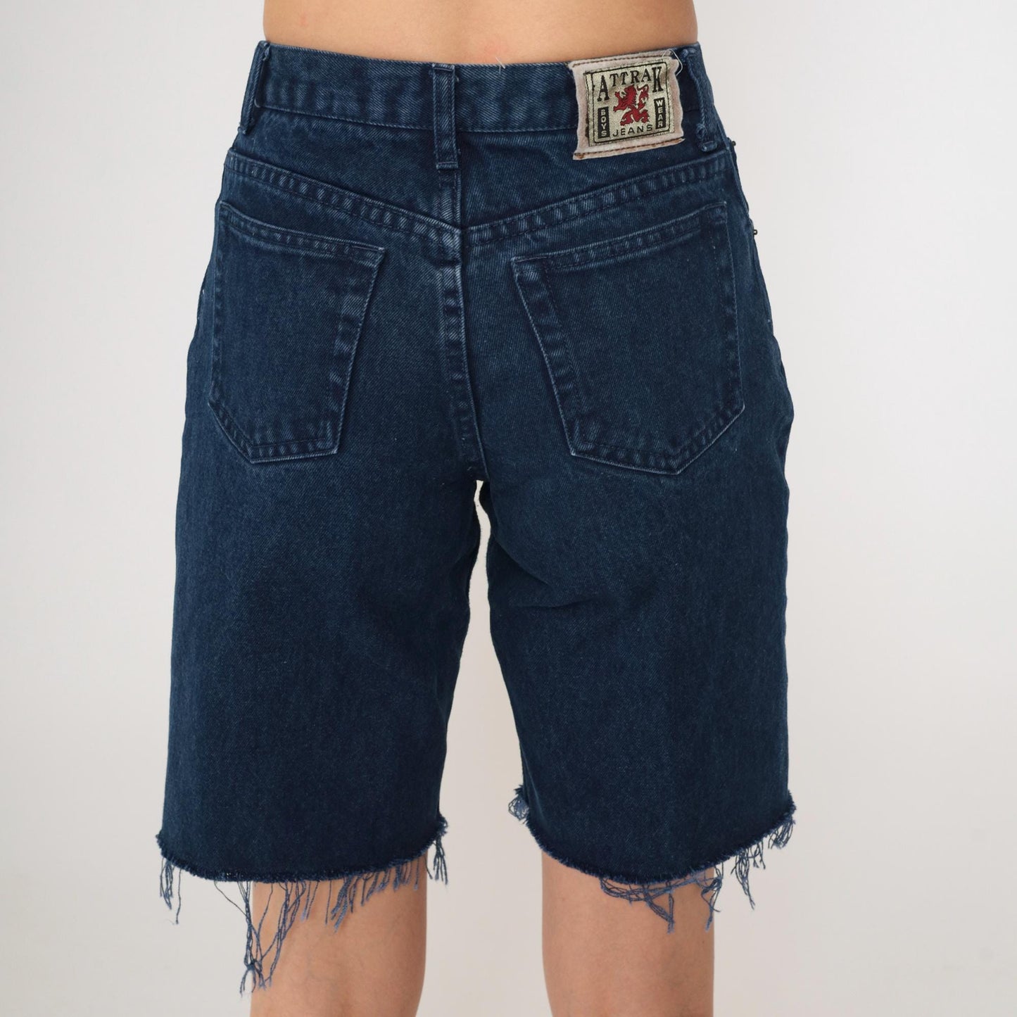 90s Dark Blue Denim Cut-Off Shorts High Waisted Bermuda Frayed Hem Extra Small
