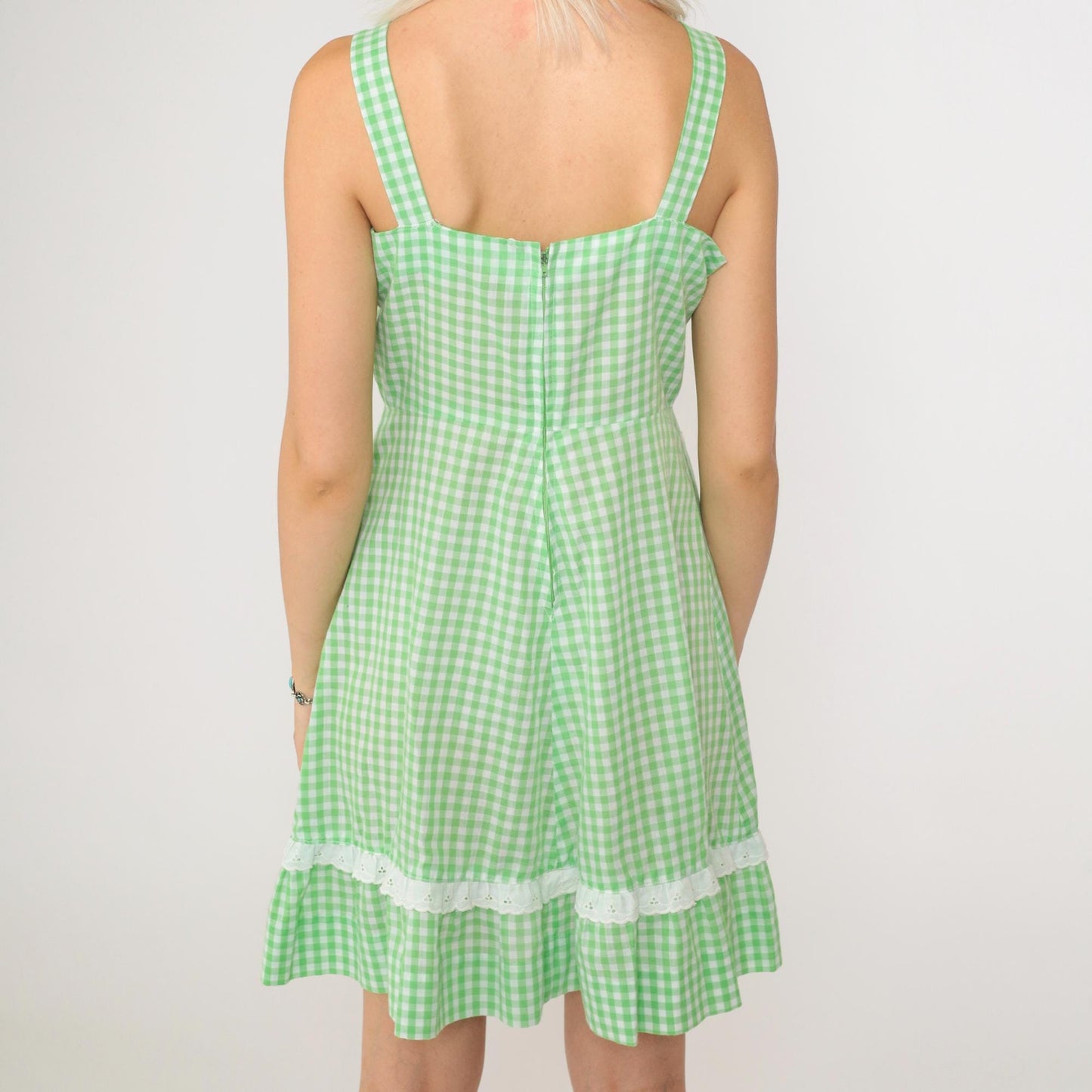70s Green Gingham Prairie Sundress Eyelet Lace Trim Mini Small