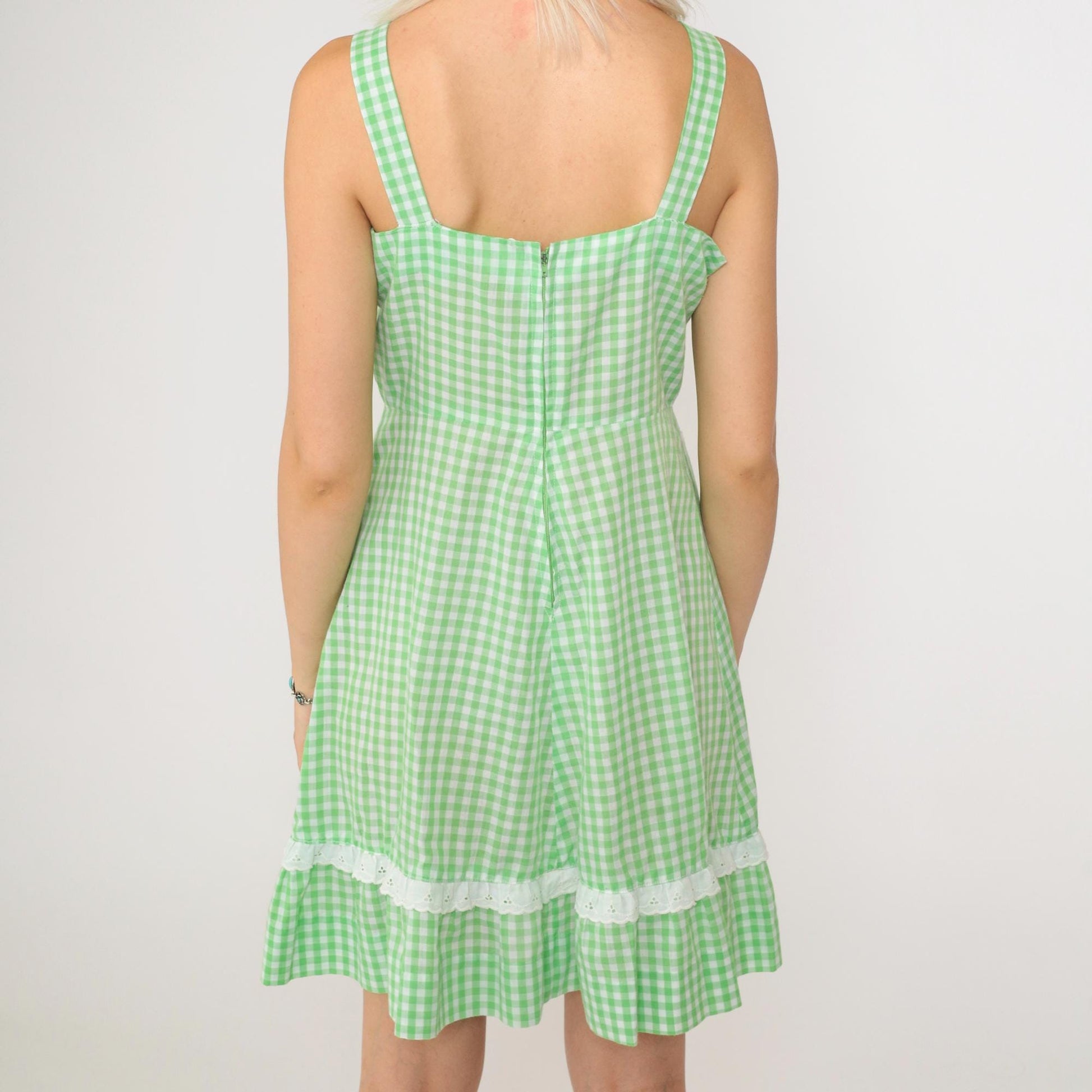 70s Green Gingham Prairie Sundress Eyelet Lace Trim Mini Small