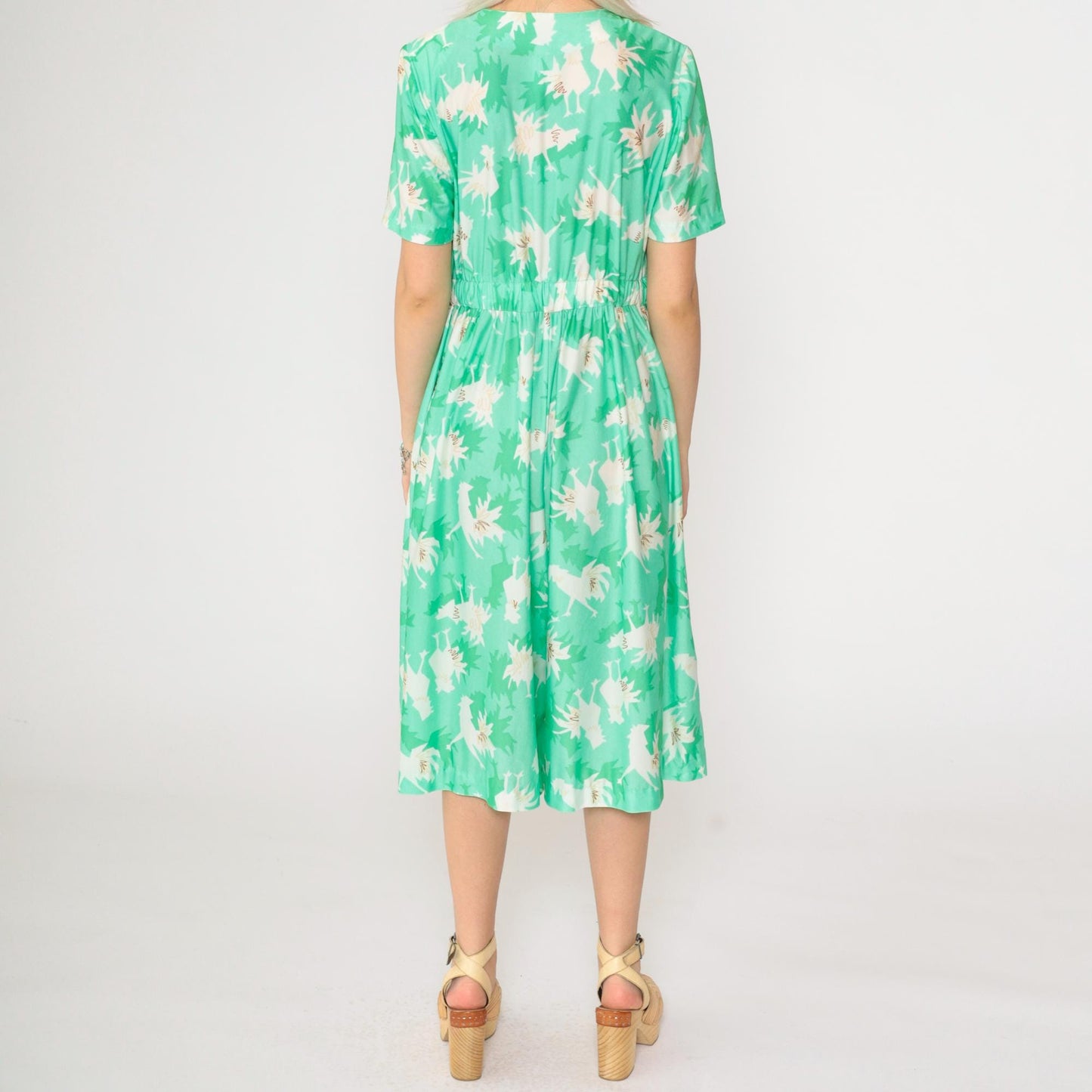 70s Abstract Chicken Print Midi Jumpsuit Green Button-Up Shirtdress Medium