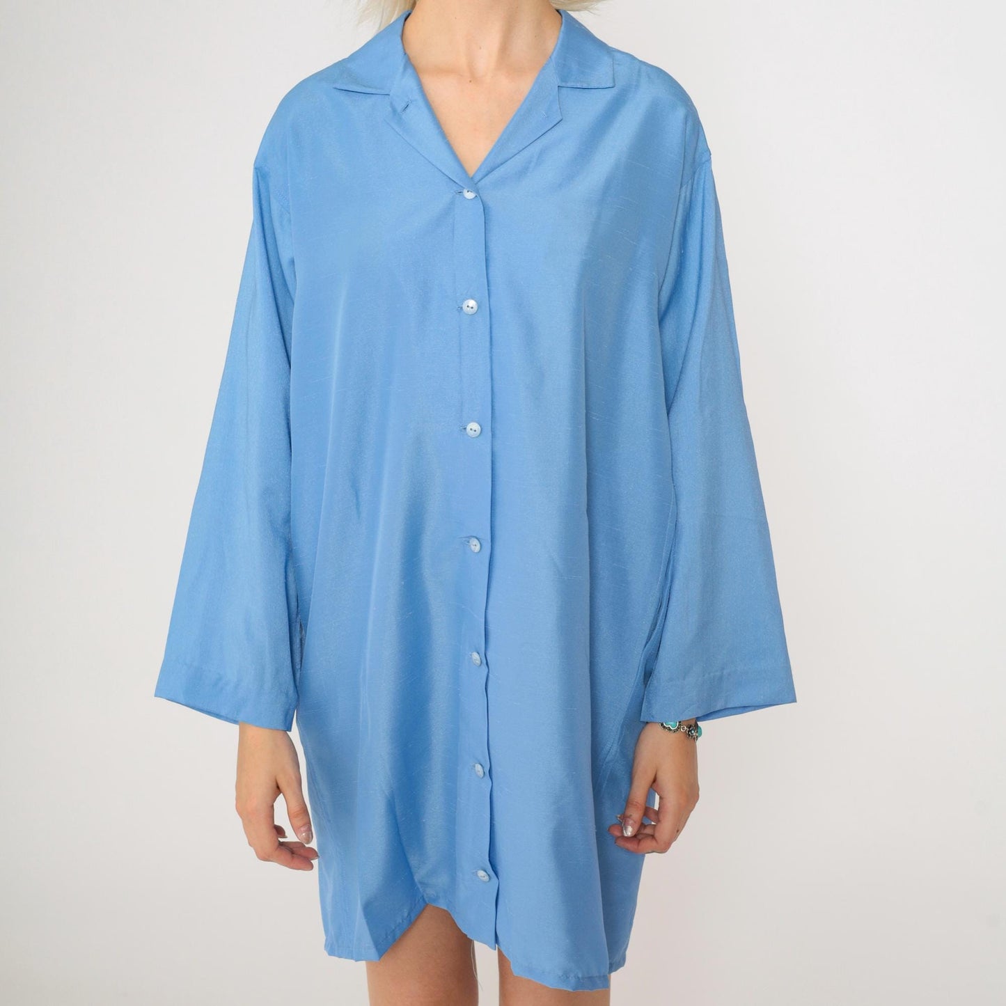 80s Blue Button-Up Shift Dress Wide Sleeves Belted Shirtdress Medium Large