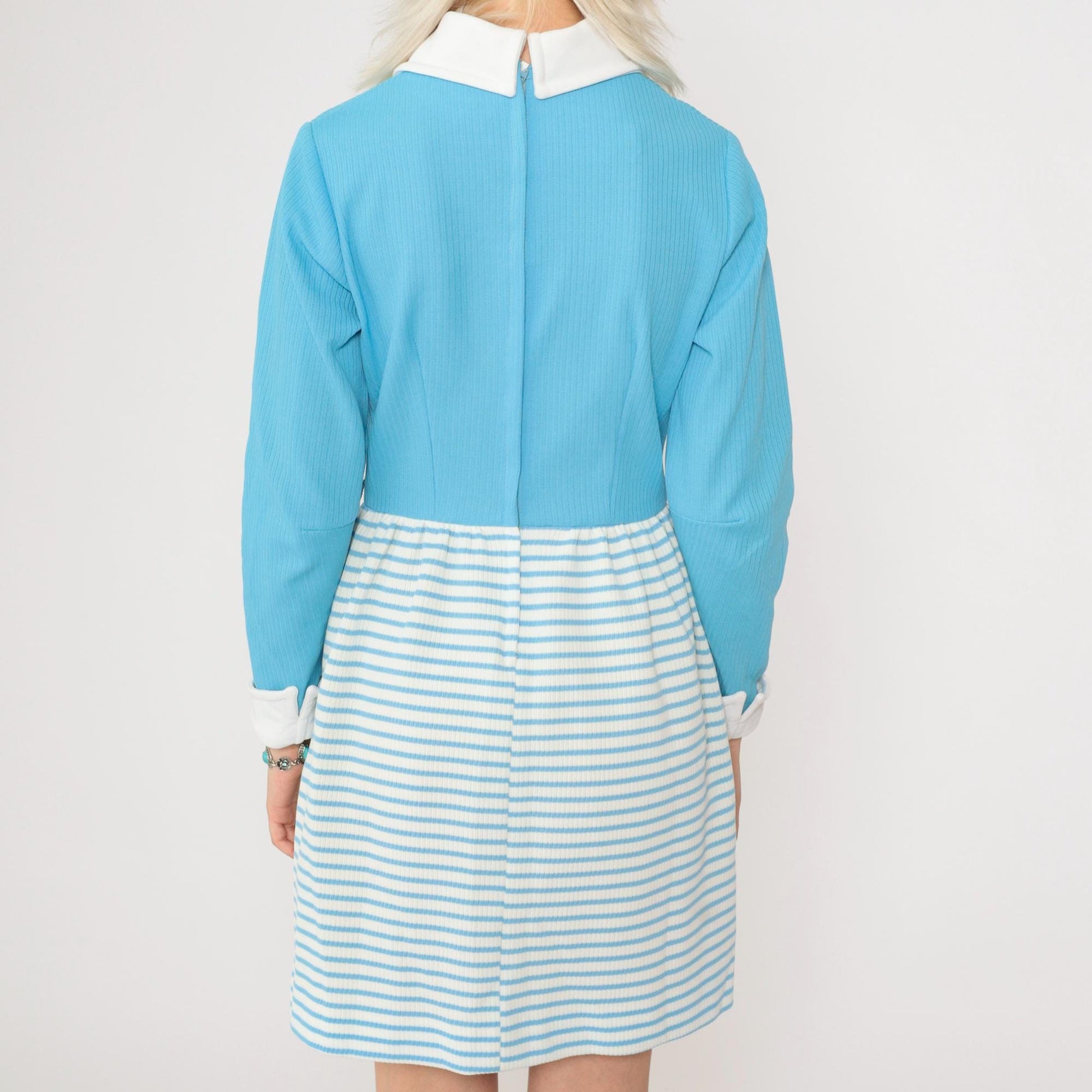70s Vicky Vaughn Mini Dress Blue Striped Contrast Collar Long Sleeve Small