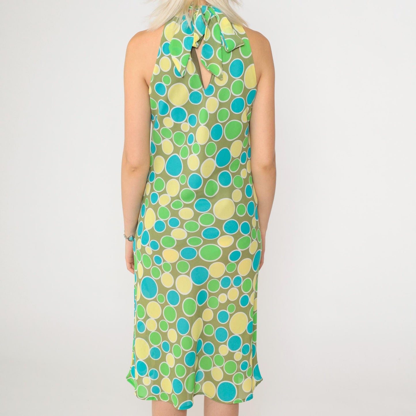 Y2K Halter Midi Dress Olive Green Polka Dot Sleeveless Keyhole Medium