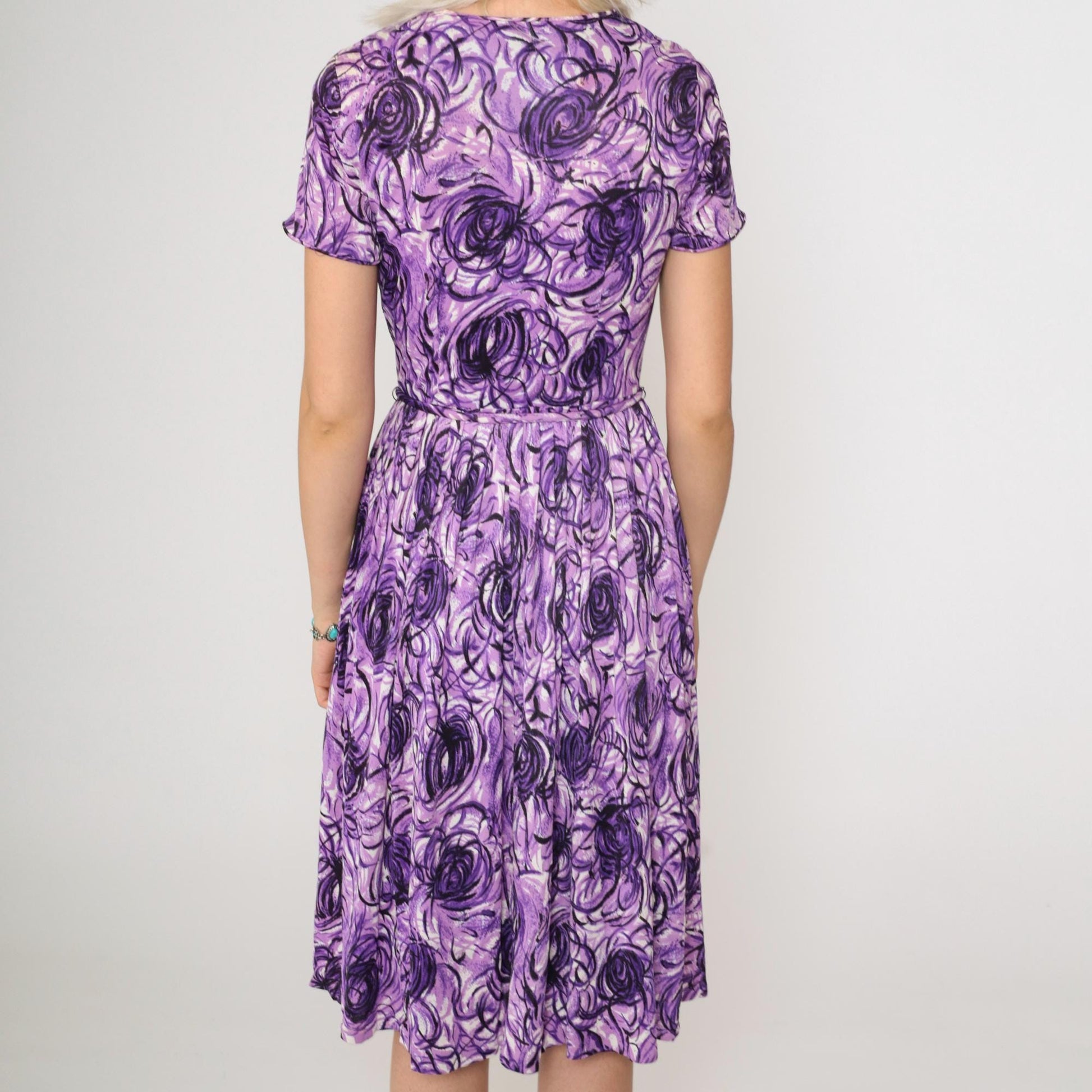 60s Purple Abstract Swirl Midi Shirtdress High Waist Button Up Extra Small