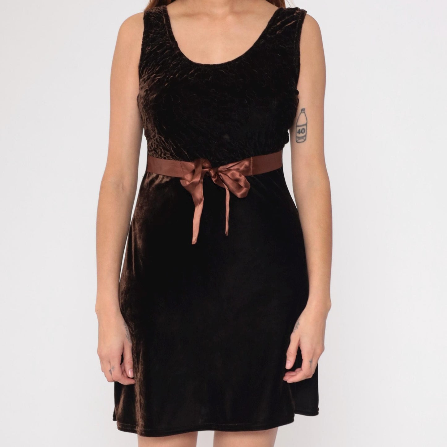 90s Brown Velvet Mini Dress Embroidered Ribbon Bow Sleeveless Medium