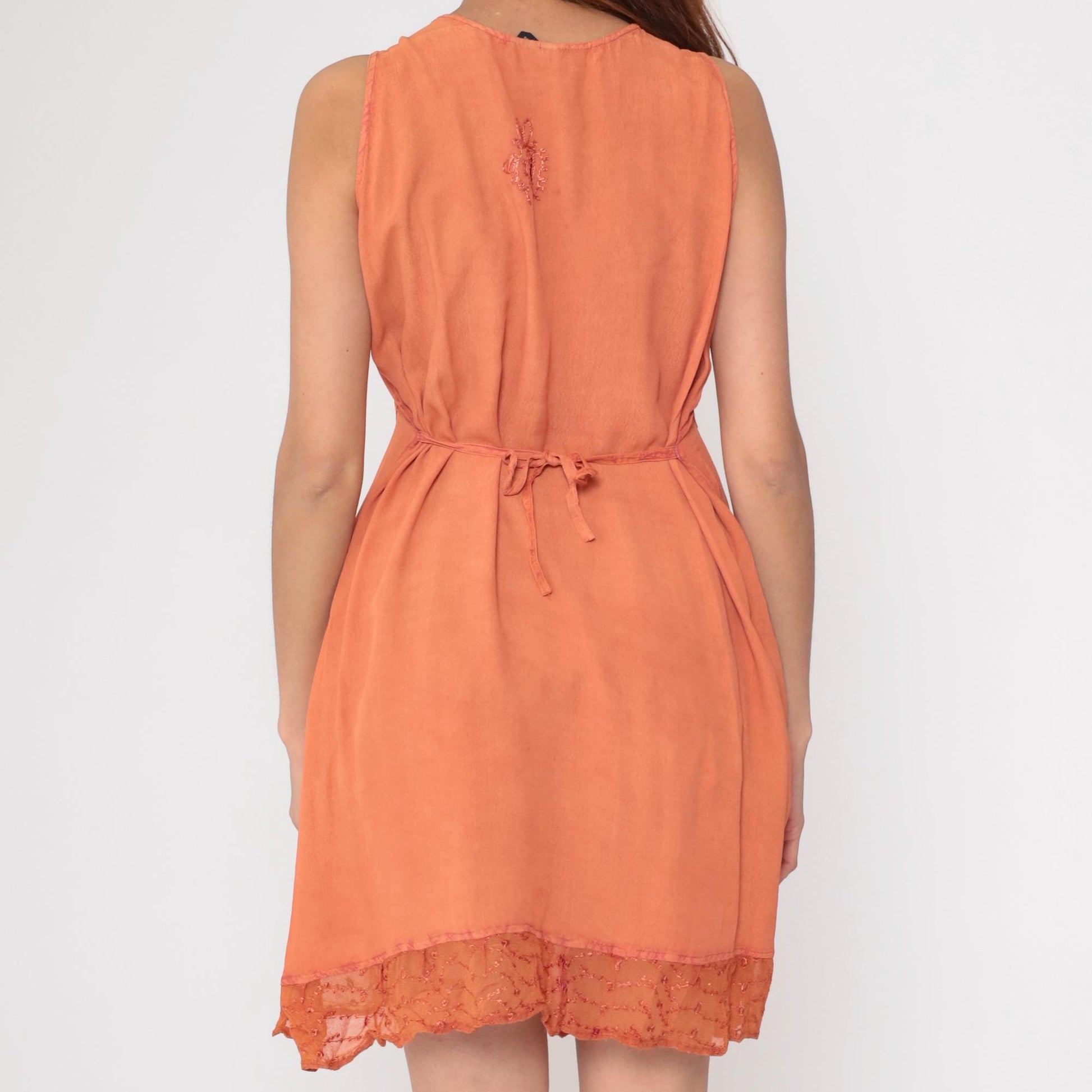 90s Kaaku Orange Paisley Embroidered Mini Dress Button Front Small Medium