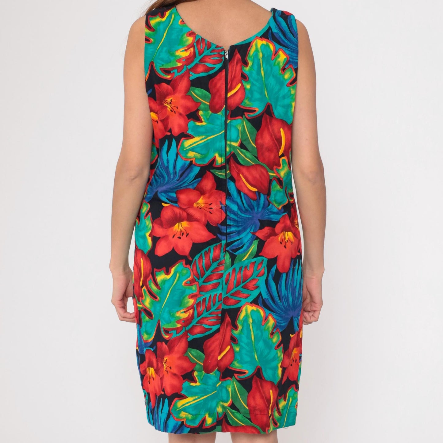 90s Black Tropical Floral Shift Dress Knee Length Sleeveless Large L