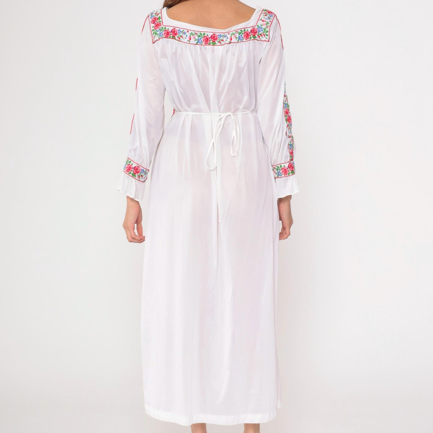 70s Sears Sheer White Floral Embroidered Maxi Nightgown High Waist Large