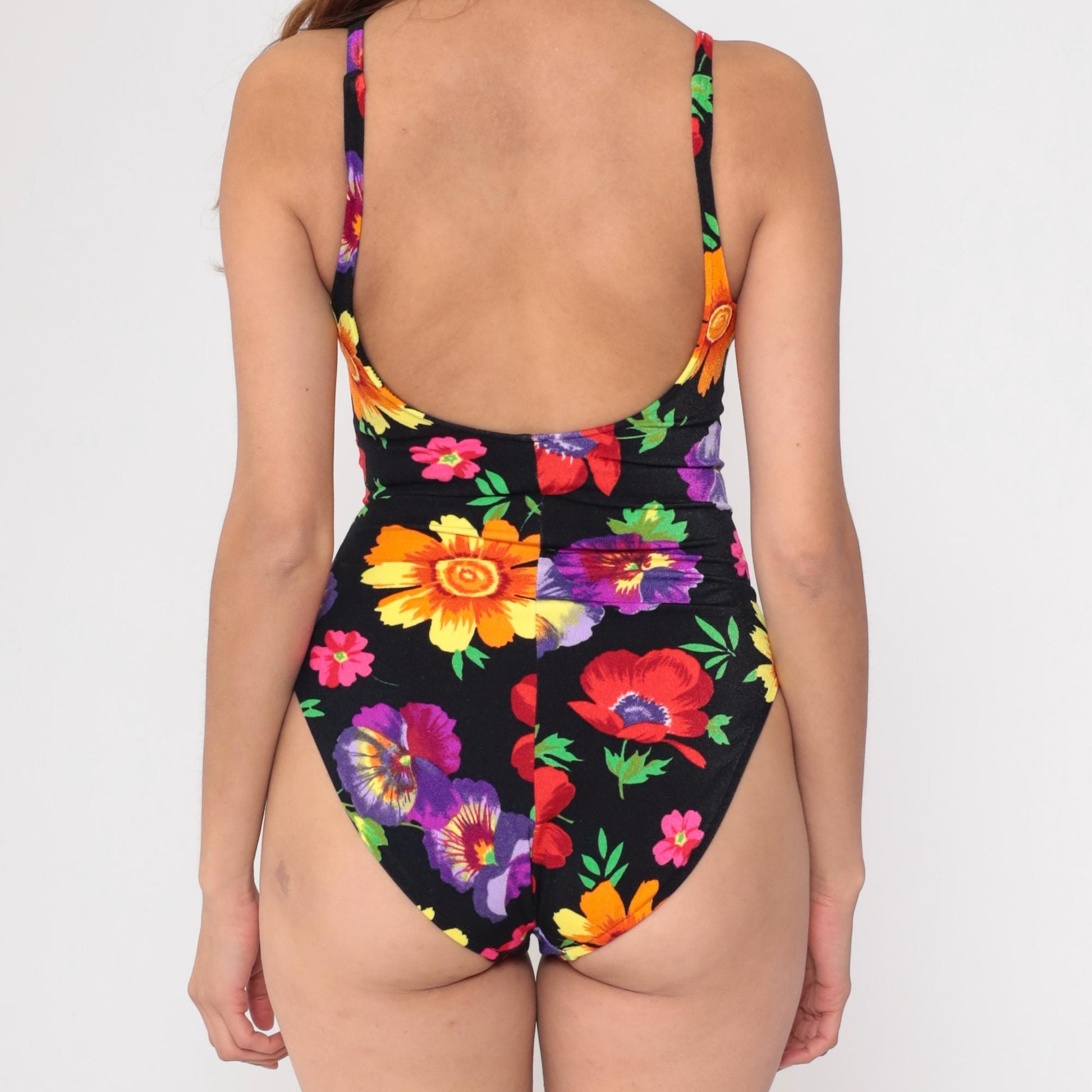 90s Floral One-Piece Swimsuit Black Scoop Back Tropical Print Small Medium