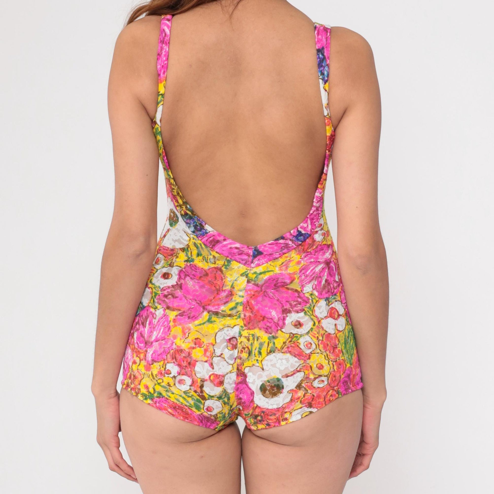 60s Rose Marie Reid One-Piece Bathing Suit Lace Floral Low Back Pink Yellow Small Medium