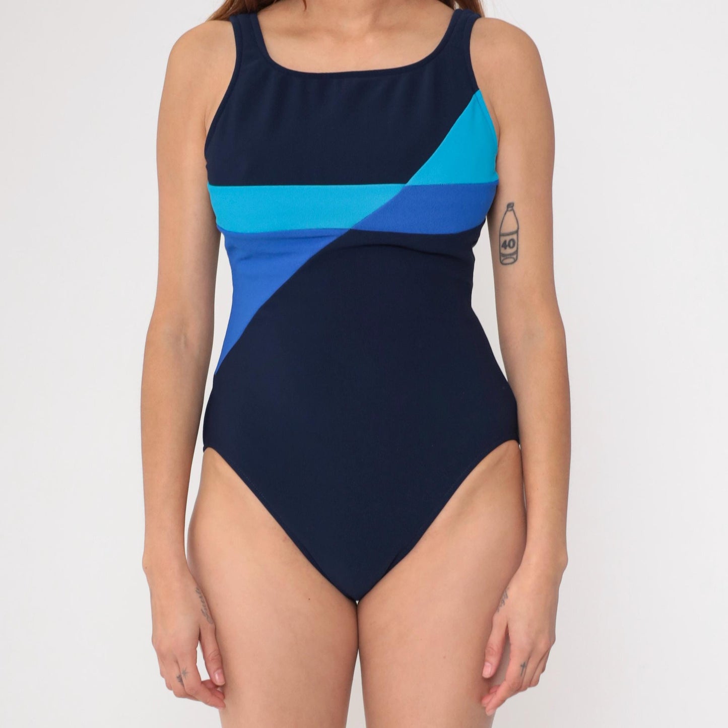 90s Mainstream Colour Block One-Piece Swimsuit Navy Blue Striped Small