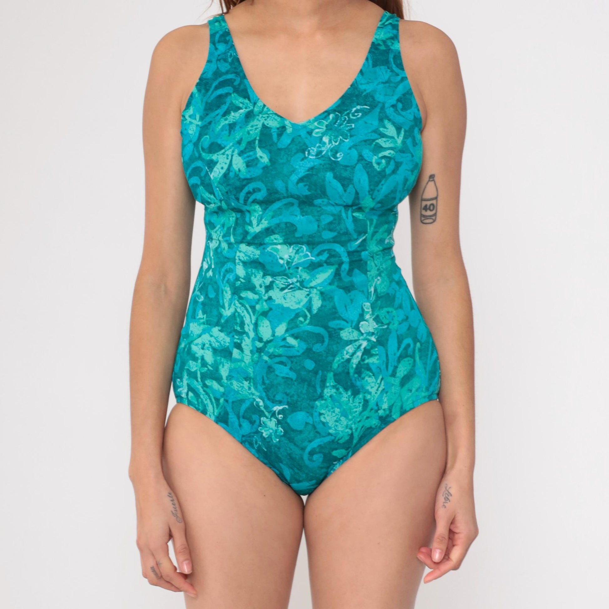 90s Jantzen Teal Floral One-Piece Swimsuit V-Neck Medium