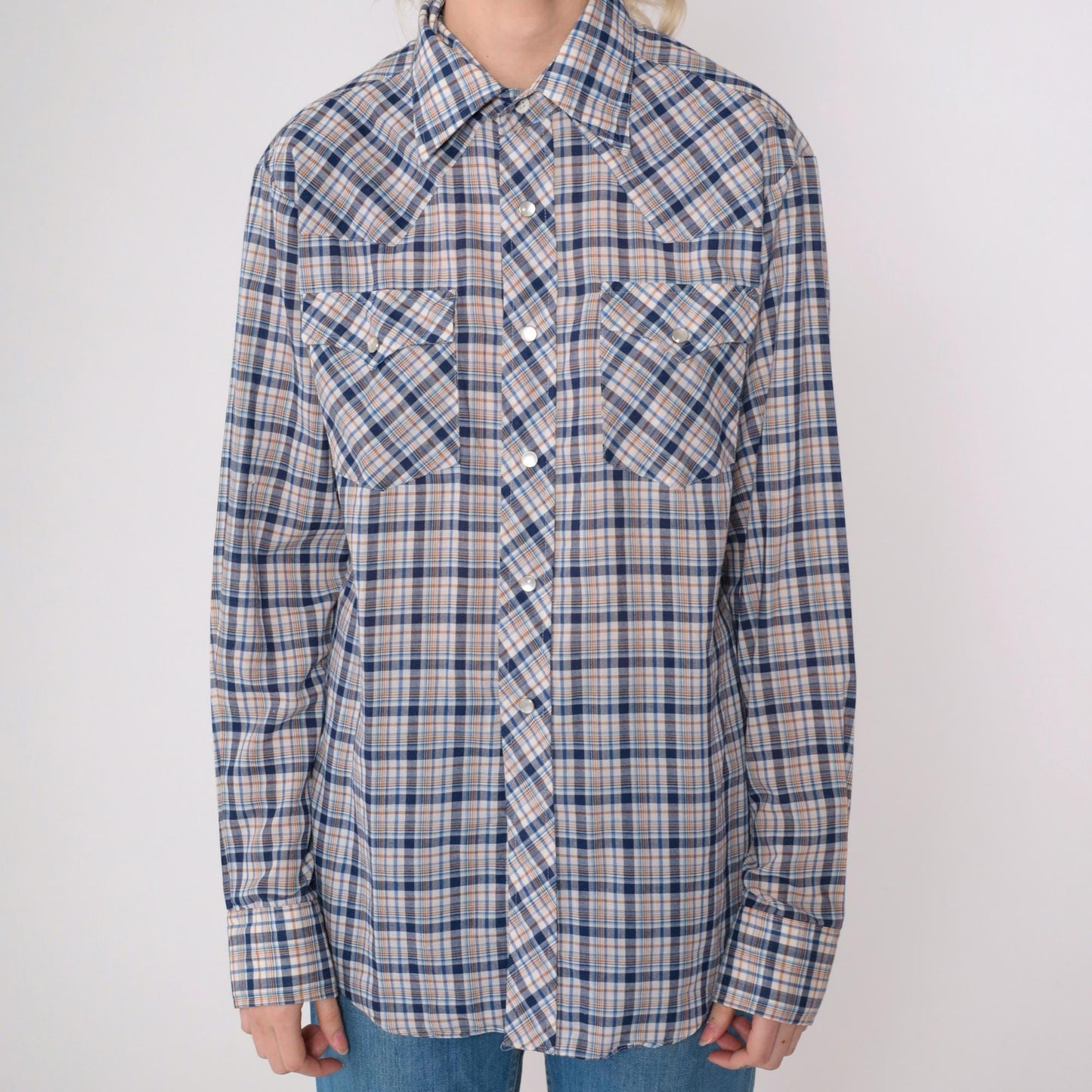 80s Saturdays in California Western Shirt Plaid Pearl Snap Blue White Medium