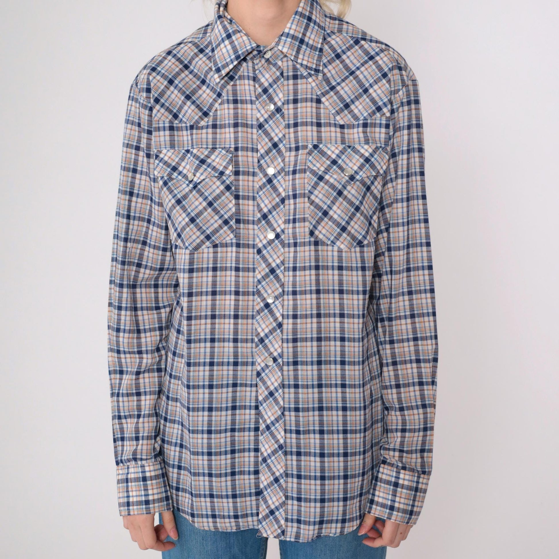 80s Saturdays in California Western Shirt Plaid Pearl Snap Blue White Medium