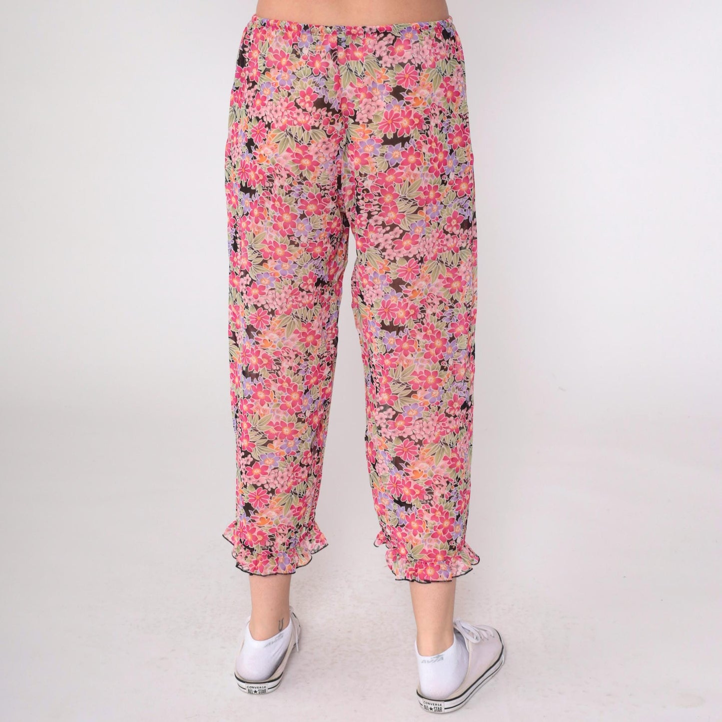 90s Sheer Floral Pink Cropped Trousers Ruffled Hem Drawstring Small