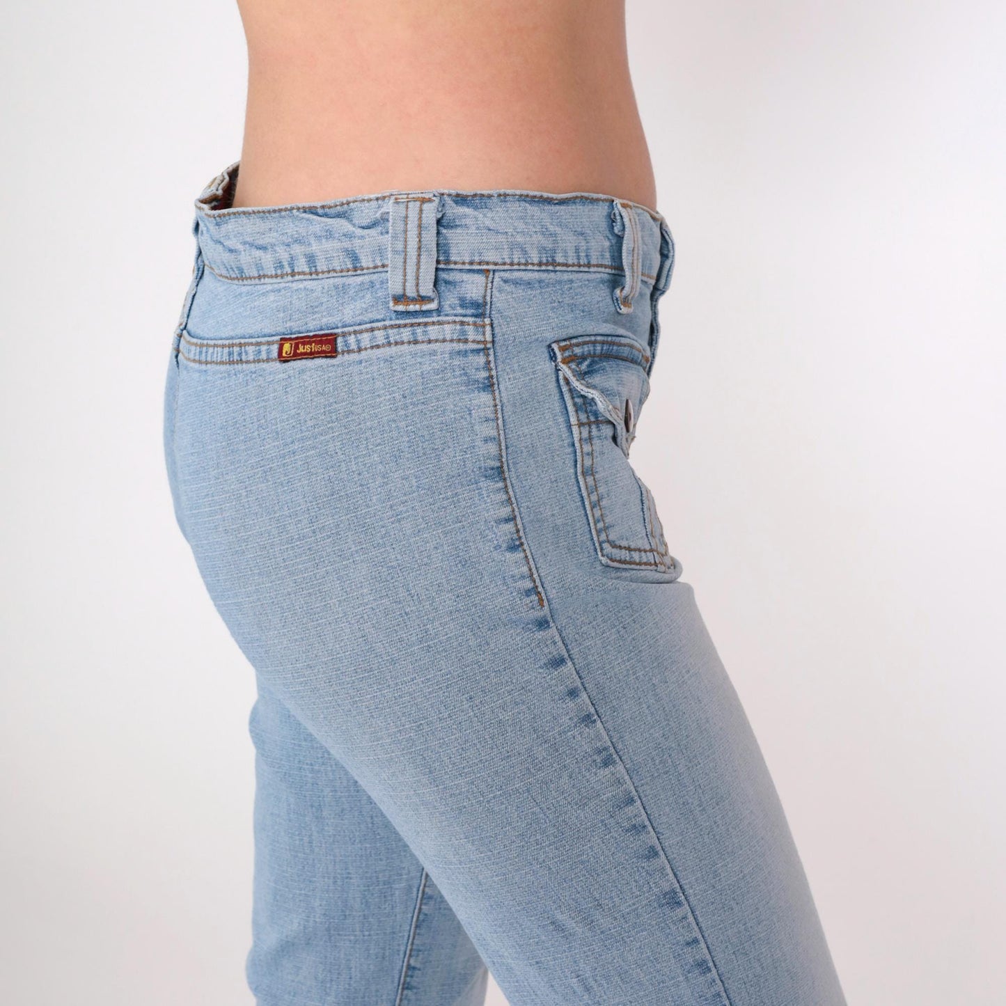 Y2K Low Rise Flared Jeans Blue Denim Patch Pocket 00s Bell Bottom Small 5