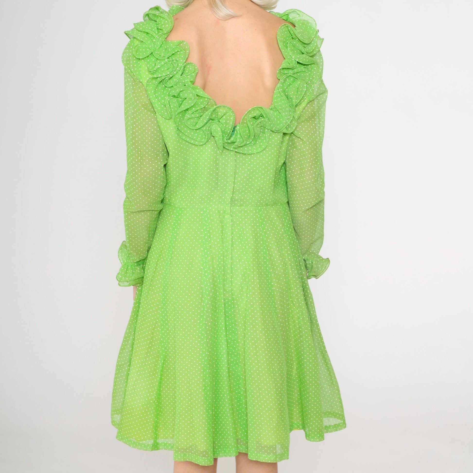 70s Coco California Polka Dot Midi Dress Green Ruffled High Waist Small