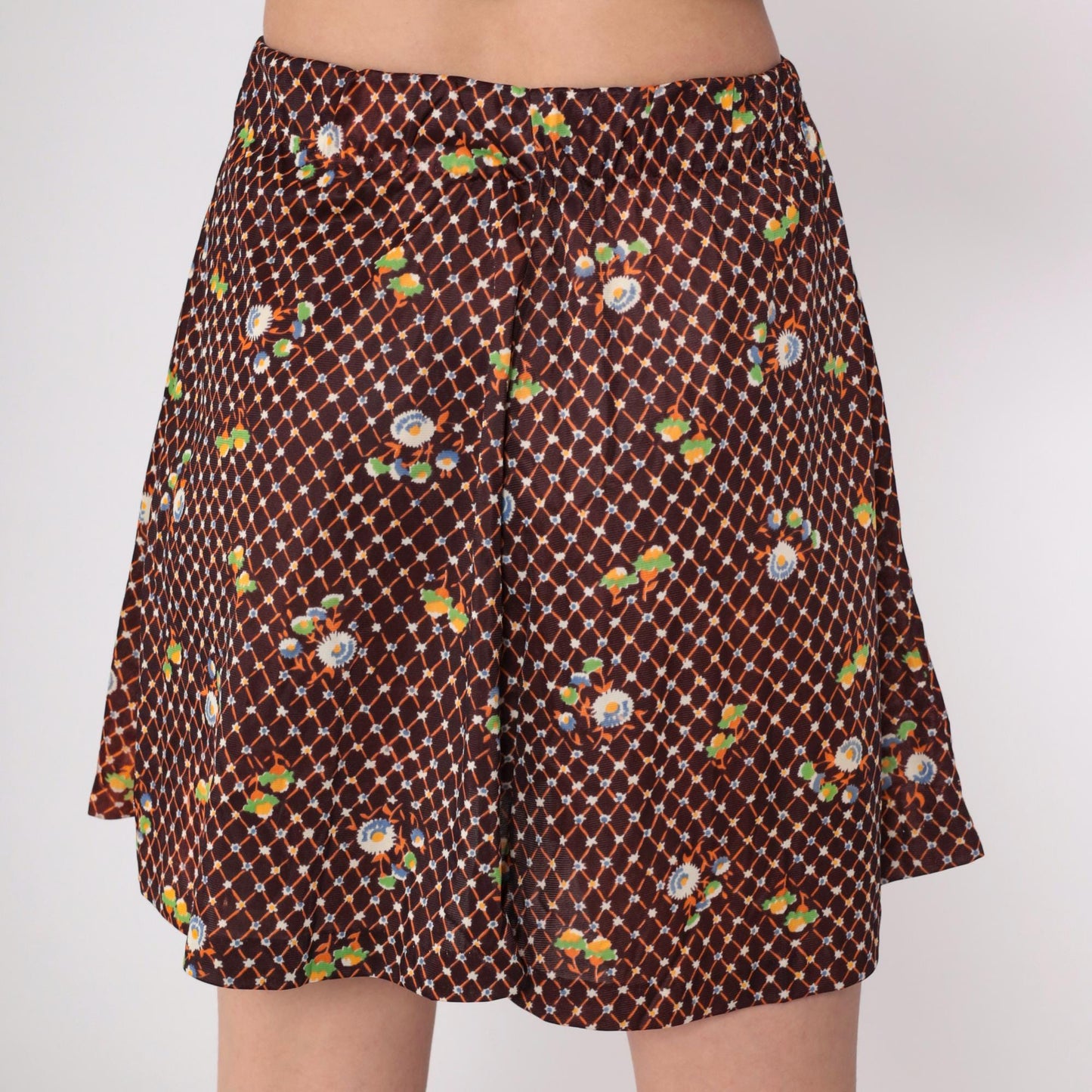 70s Brown Floral Checkered Mini Skirt High Waist A-Line Small