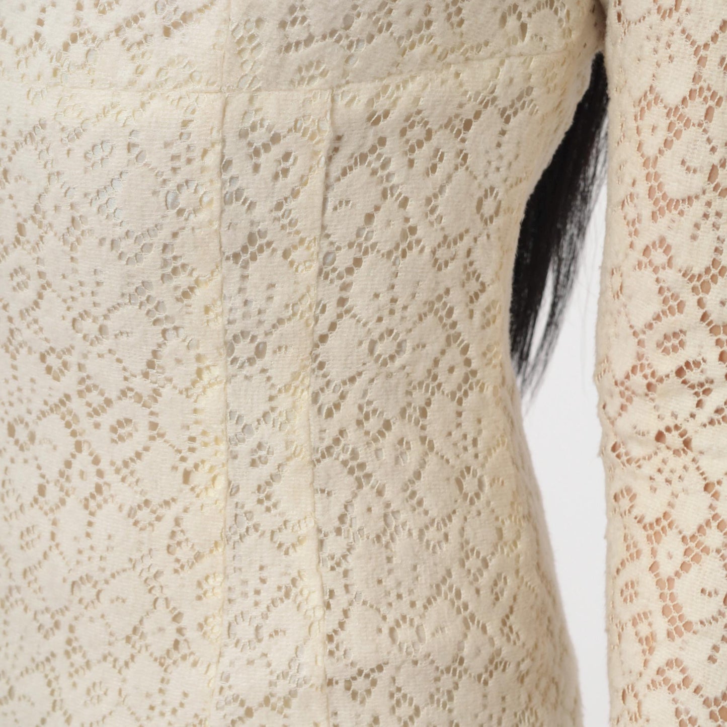 1960s Cream Lace Midi Dress Sheath Sheer Sleeve Cocktail Extra Small