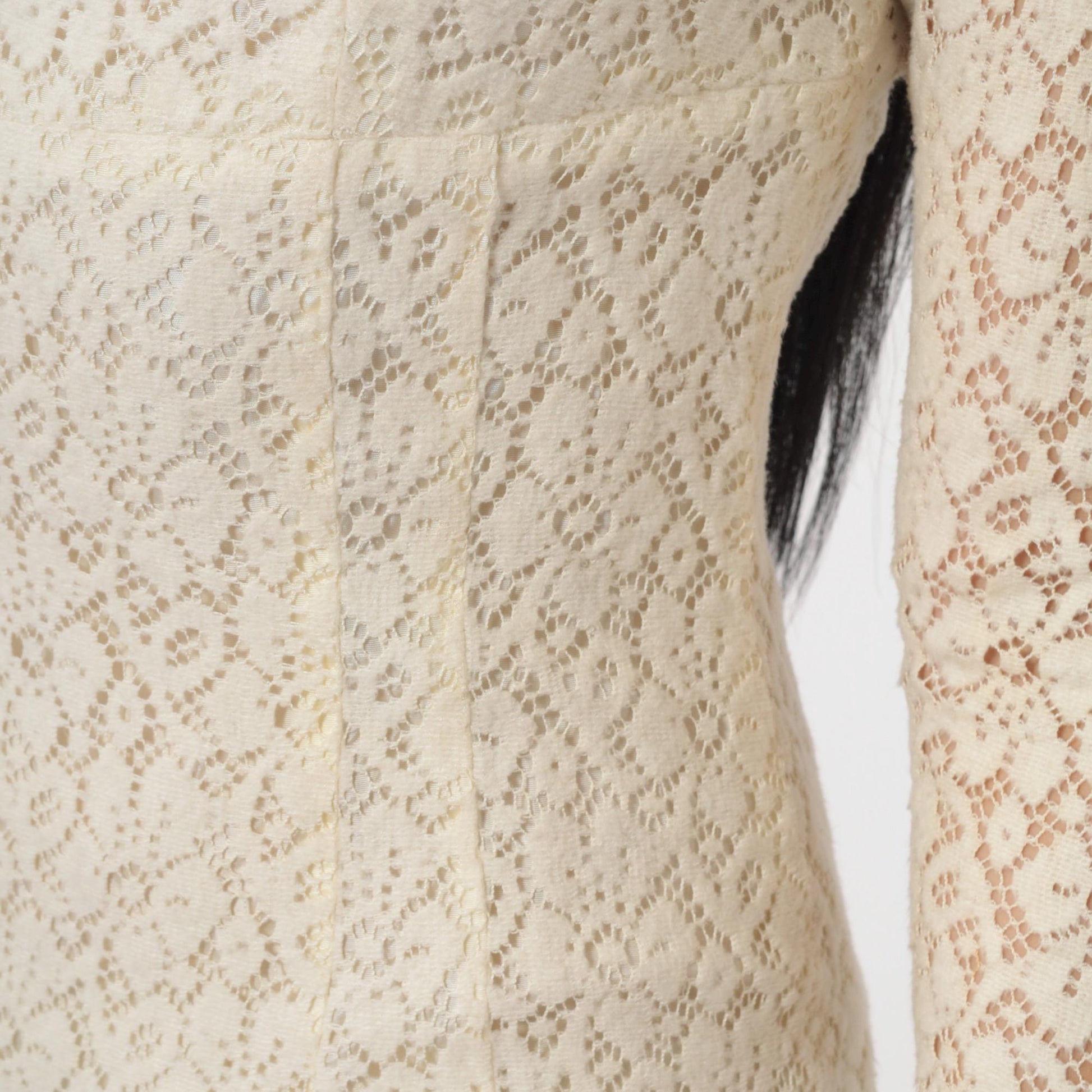 1960s Cream Lace Midi Dress Sheath Sheer Sleeve Cocktail Extra Small
