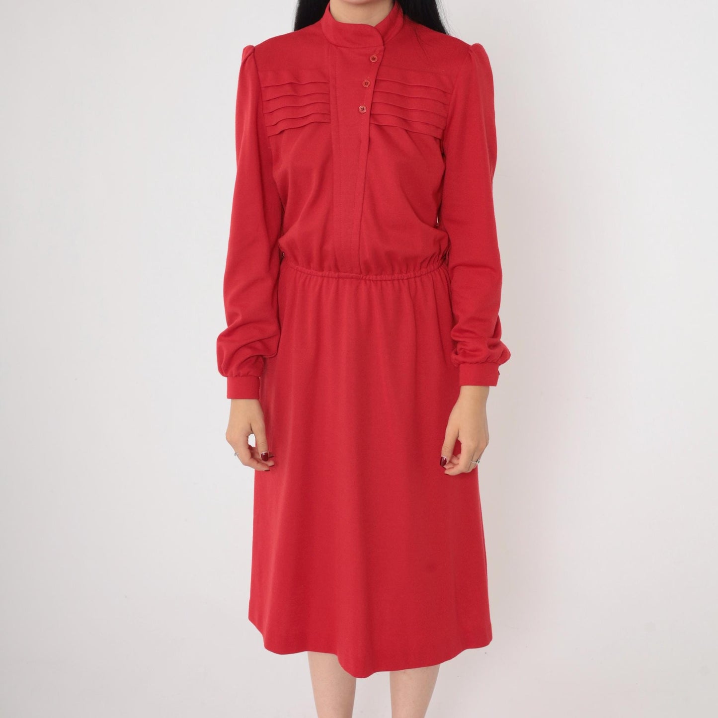 80s Red Button-Up Midi Dress High Neck Puff Sleeve Pleated Small