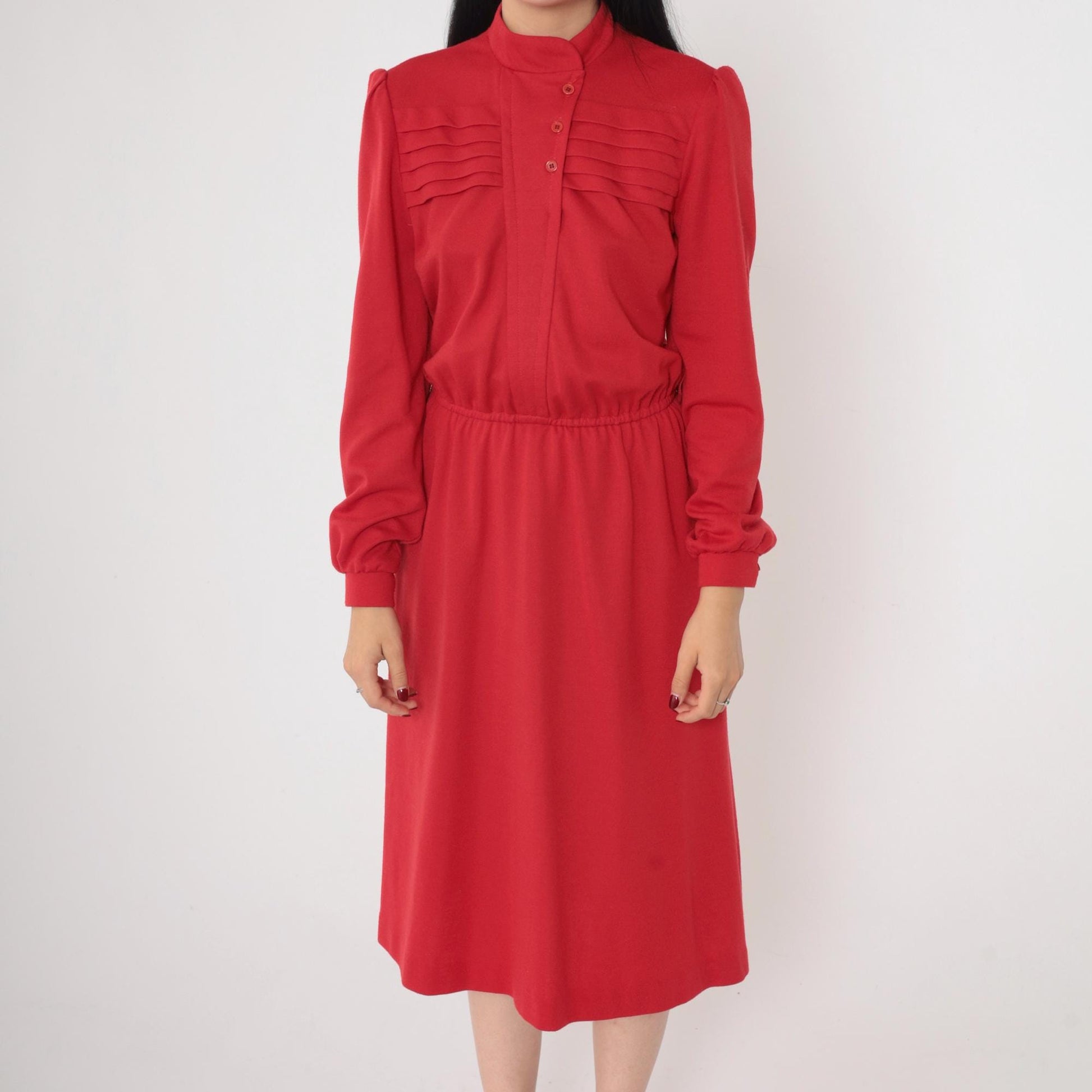 80s Red Button-Up Midi Dress High Neck Puff Sleeve Pleated Small