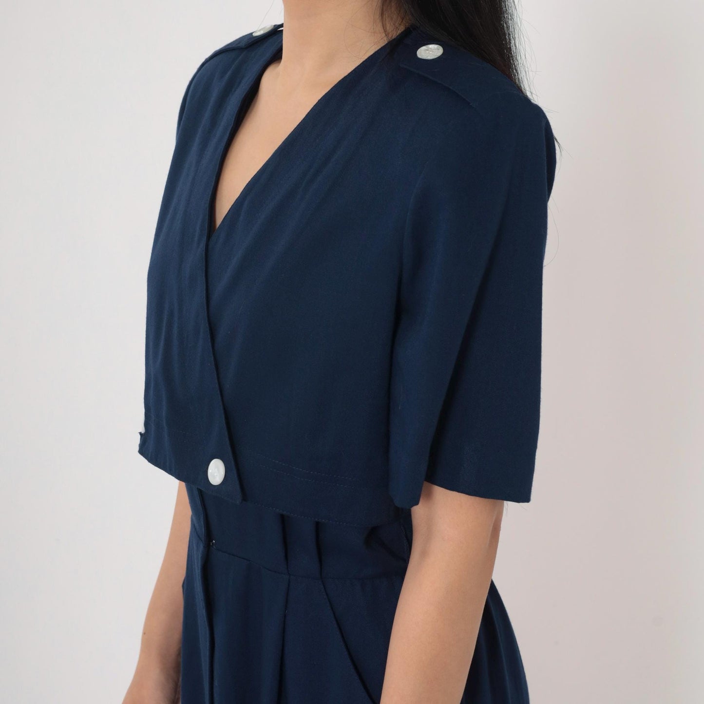 90s Navy Midi Shirt Dress High Waist Epaulette Button Up Medium