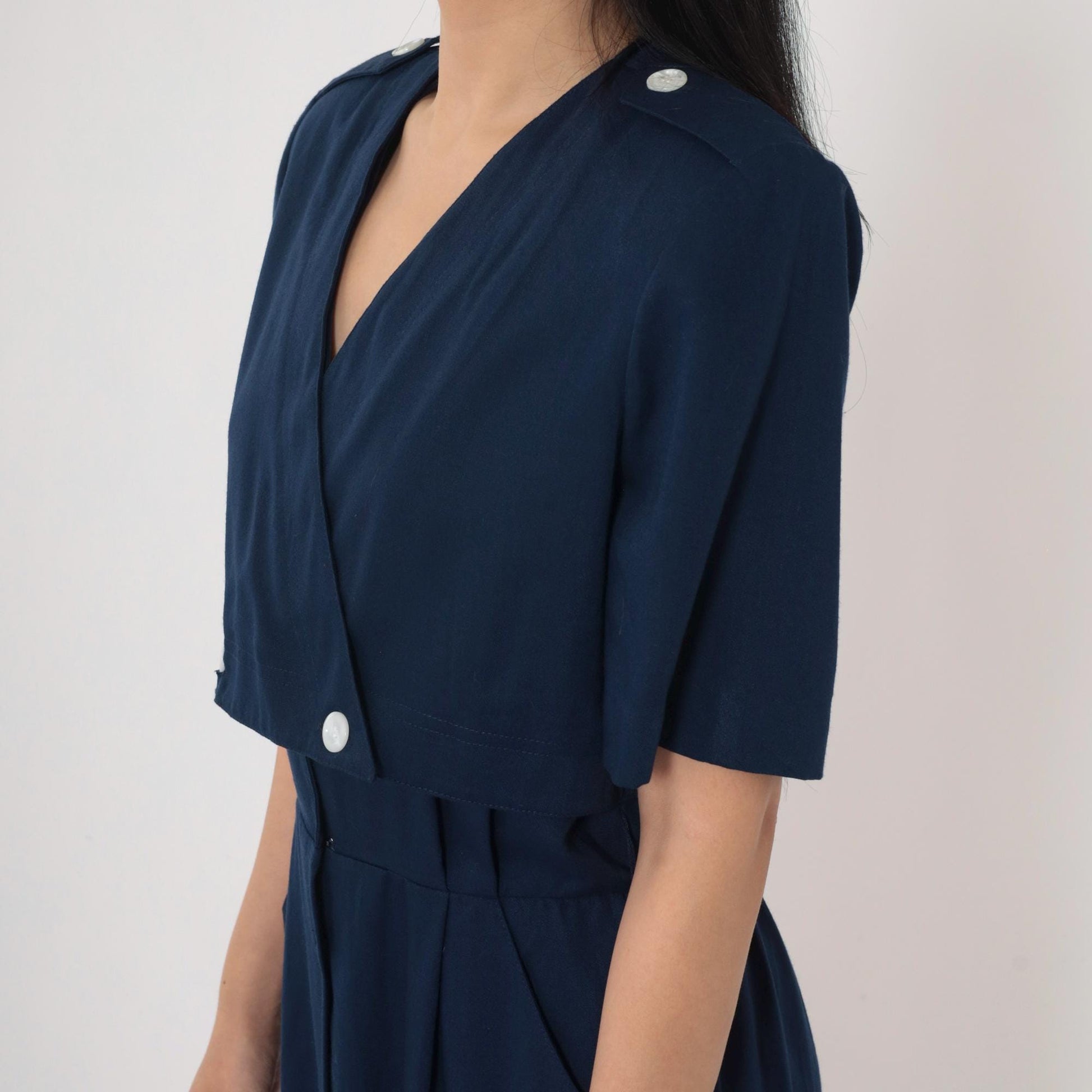 90s Navy Midi Shirt Dress High Waist Epaulette Button Up Medium