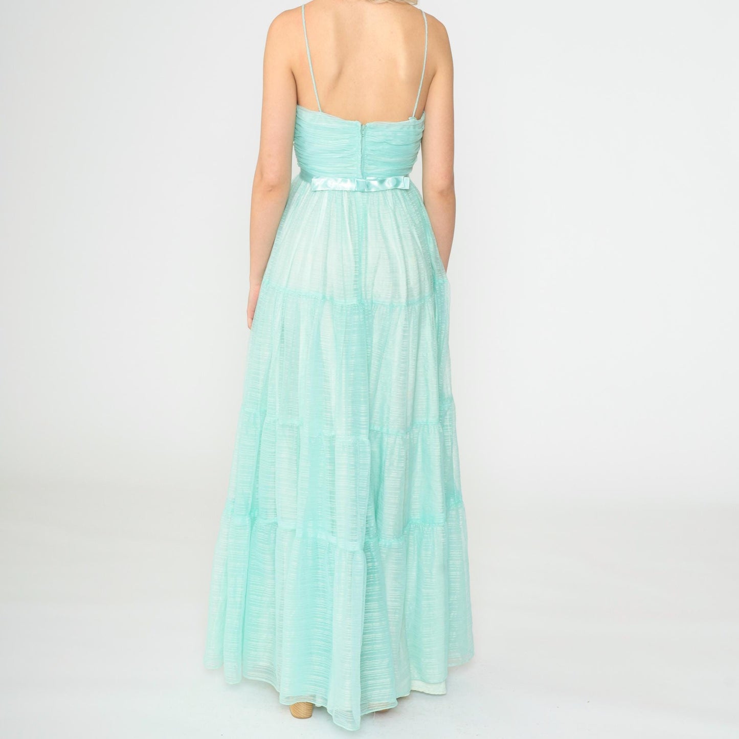 70s Aqua Maxi Dress Spaghetti Strap High Waist Floor Length Extra Small