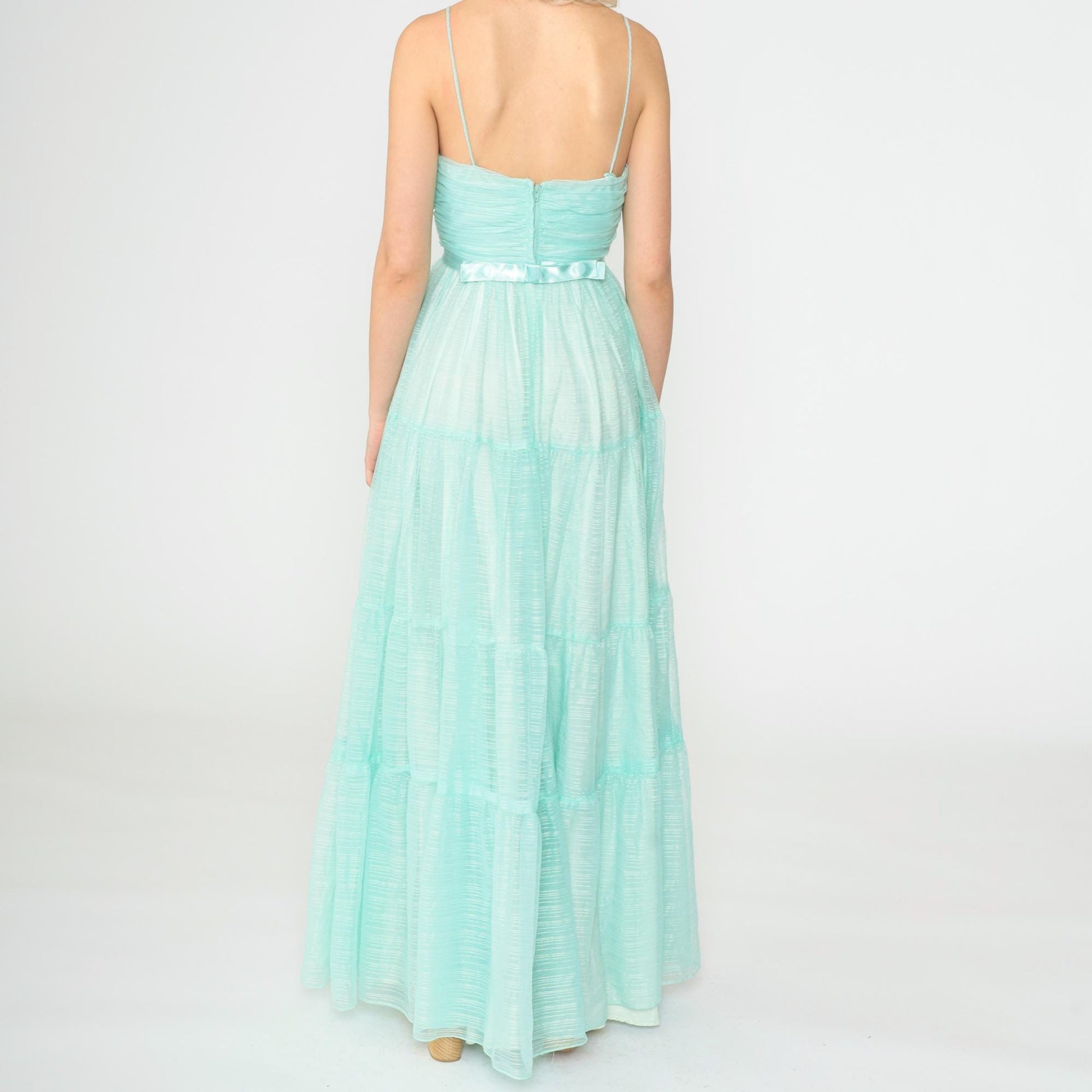 70s Aqua Maxi Dress Spaghetti Strap High Waist Floor Length Extra Small