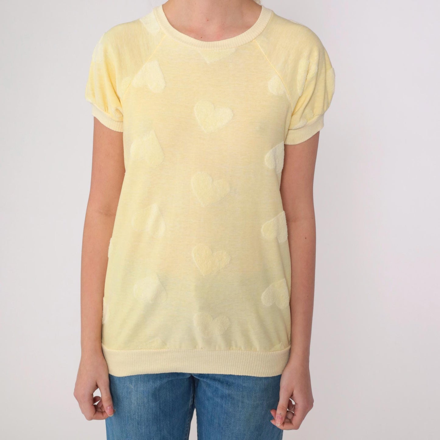 80s Terry Cloth Heart Shirt Light Yellow Raglan Crewneck XS