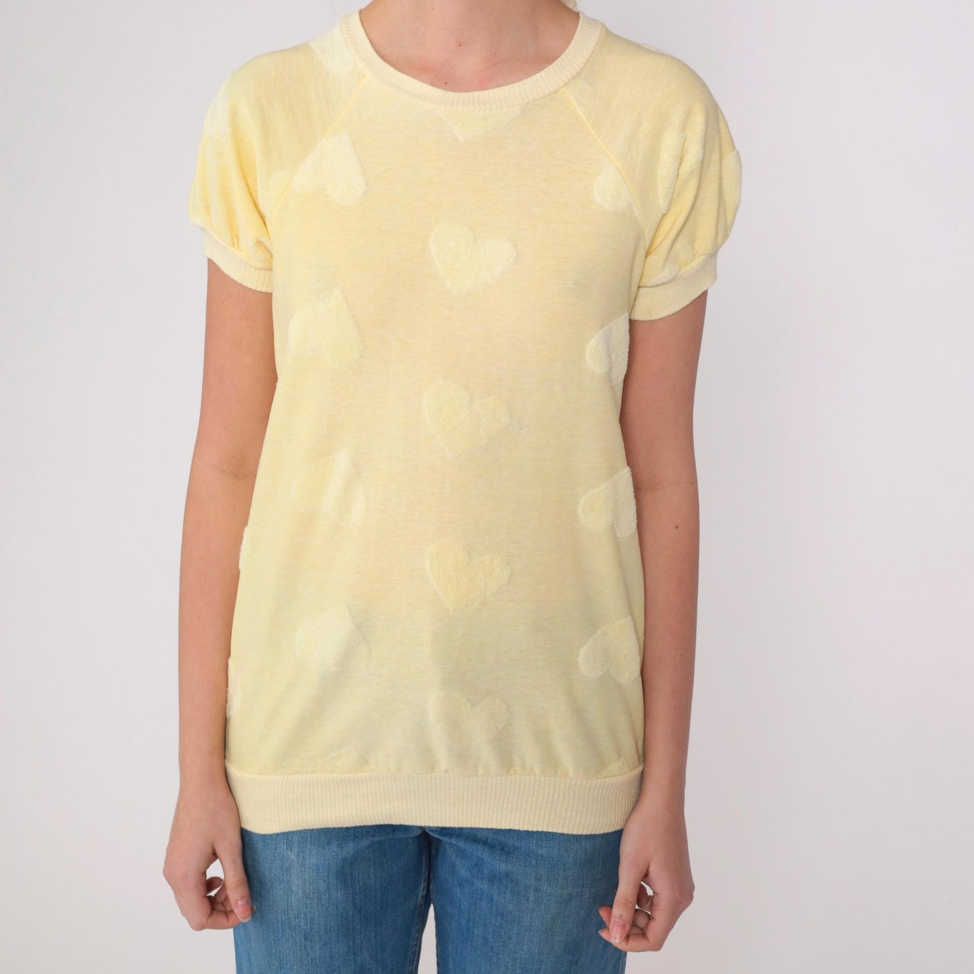 80s Terry Cloth Heart Shirt Light Yellow Raglan Crewneck XS