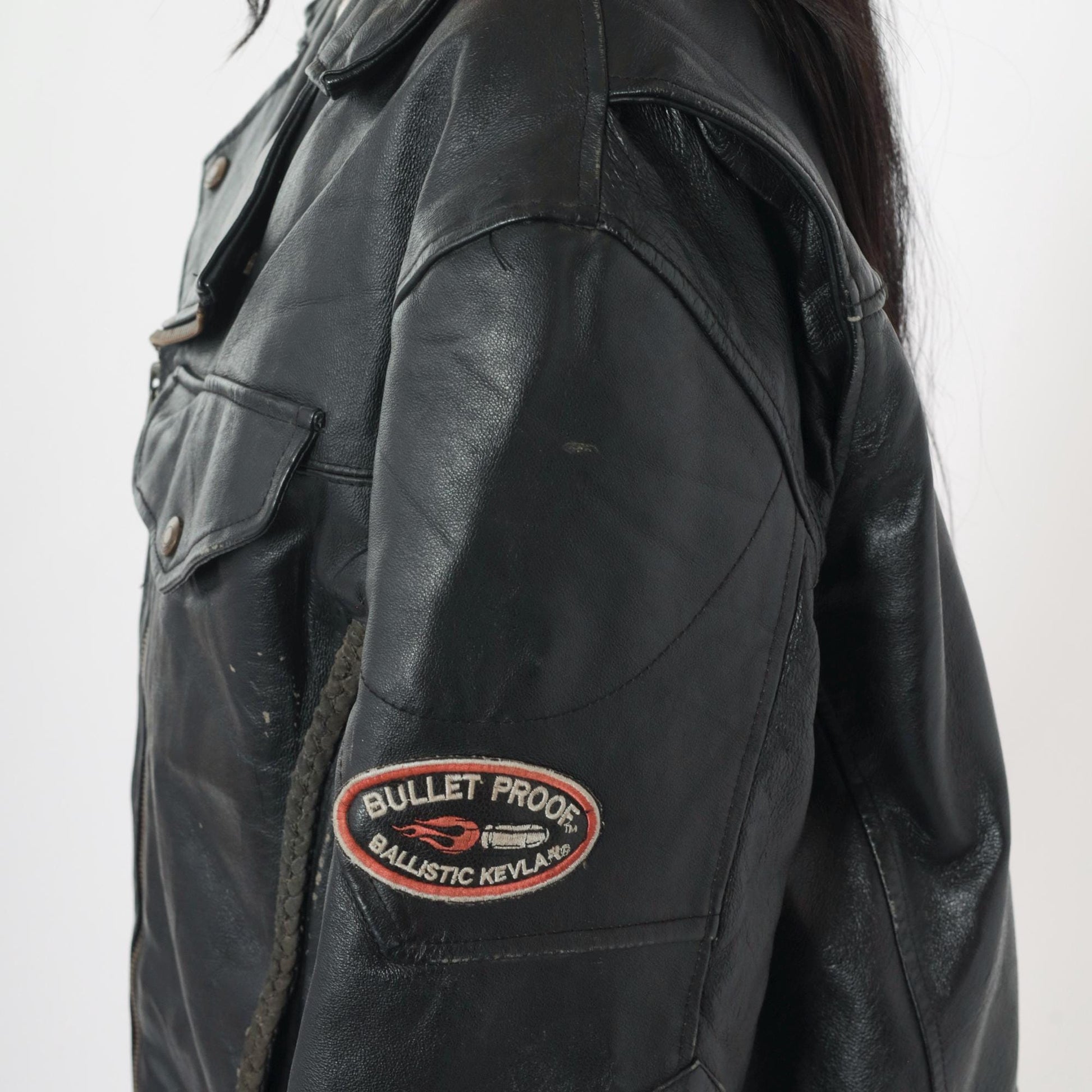 90s Black Leather Motorcycle Jacket POW MIA Patch Ace Spades Harley Medium