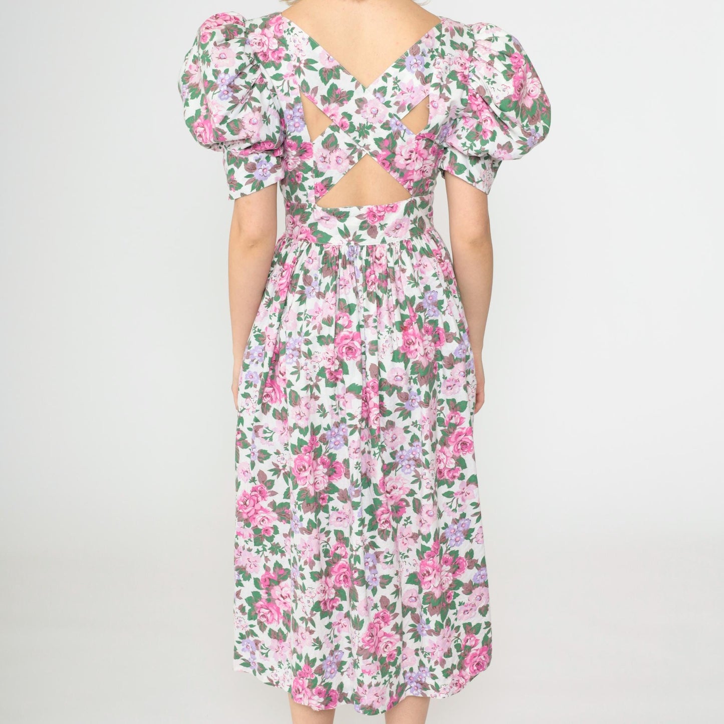 80s Act I Floral Puff Sleeve Midi Dress Criss-Cross Keyhole Back White Pink Extra Small