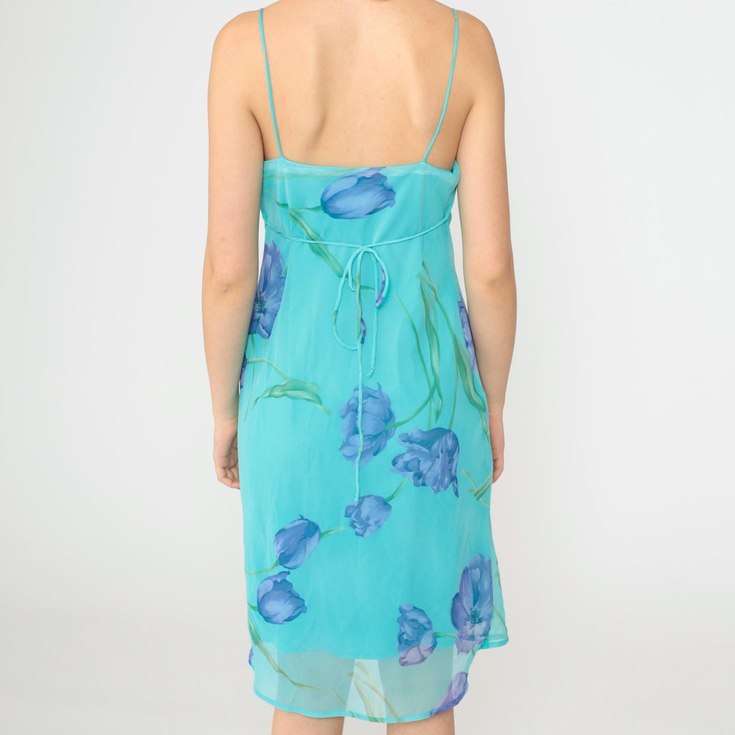 90s Turquoise Floral Chiffon Midi Dress Spaghetti Strap Empire Waist Small