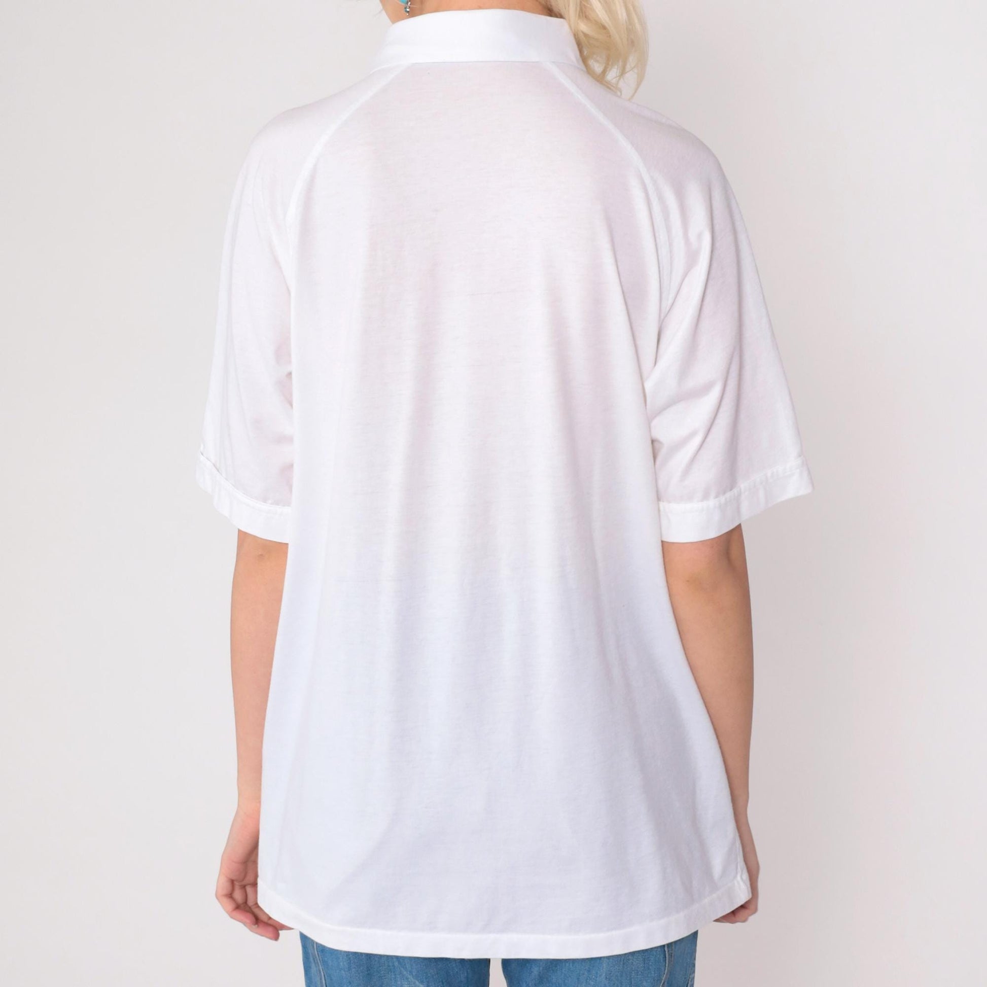 80s Tournament White Polo Shirt Raglan Sleeve Collared Large