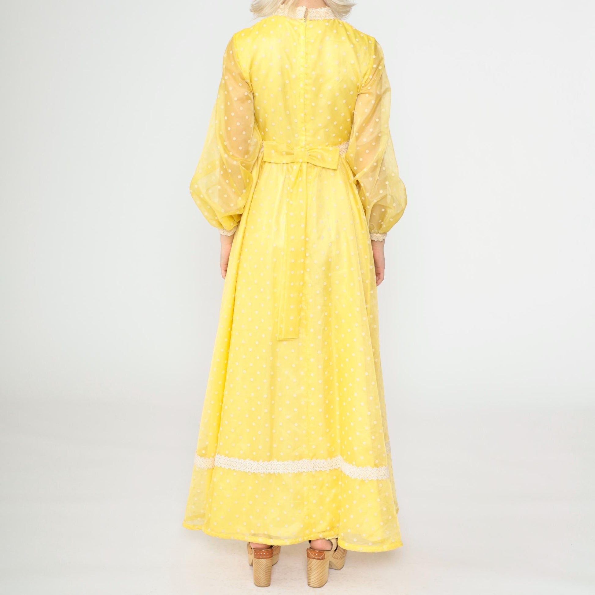 70s Yellow Polka Dot Organza Maxi Dress Balloon Sleeve Lace Trim Extra Small